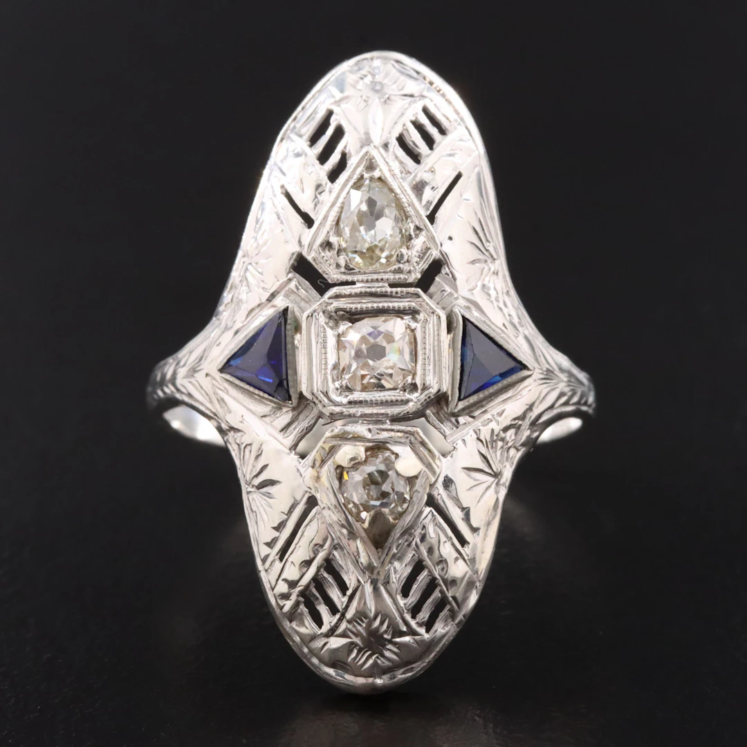 Art Deco Style 18K Sapphire and Diamond Ring