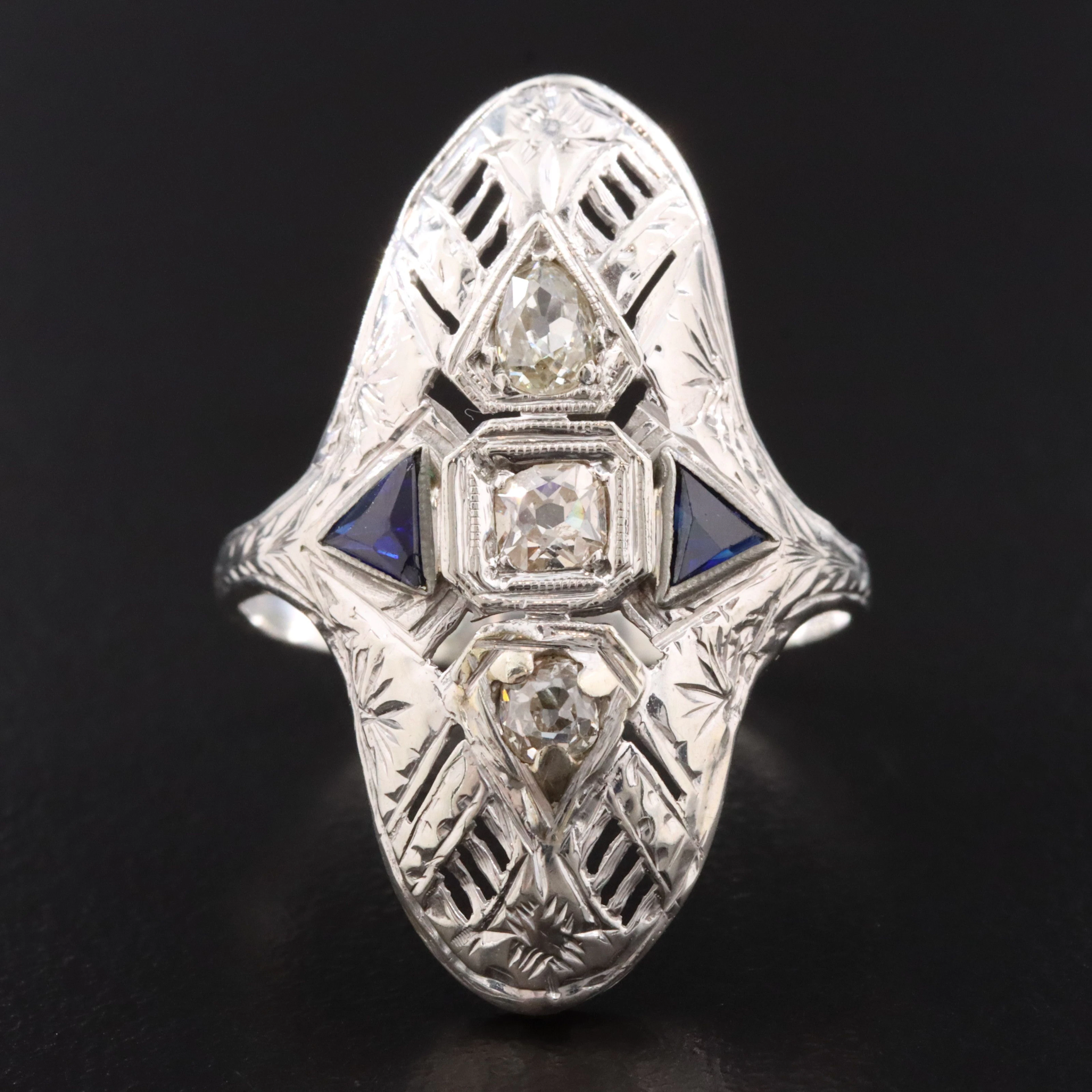 Art Deco Style 18K Sapphire and Diamond Ring
