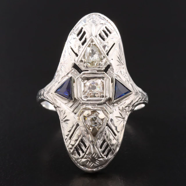 Art Deco Style 18K Sapphire and Diamond Ring