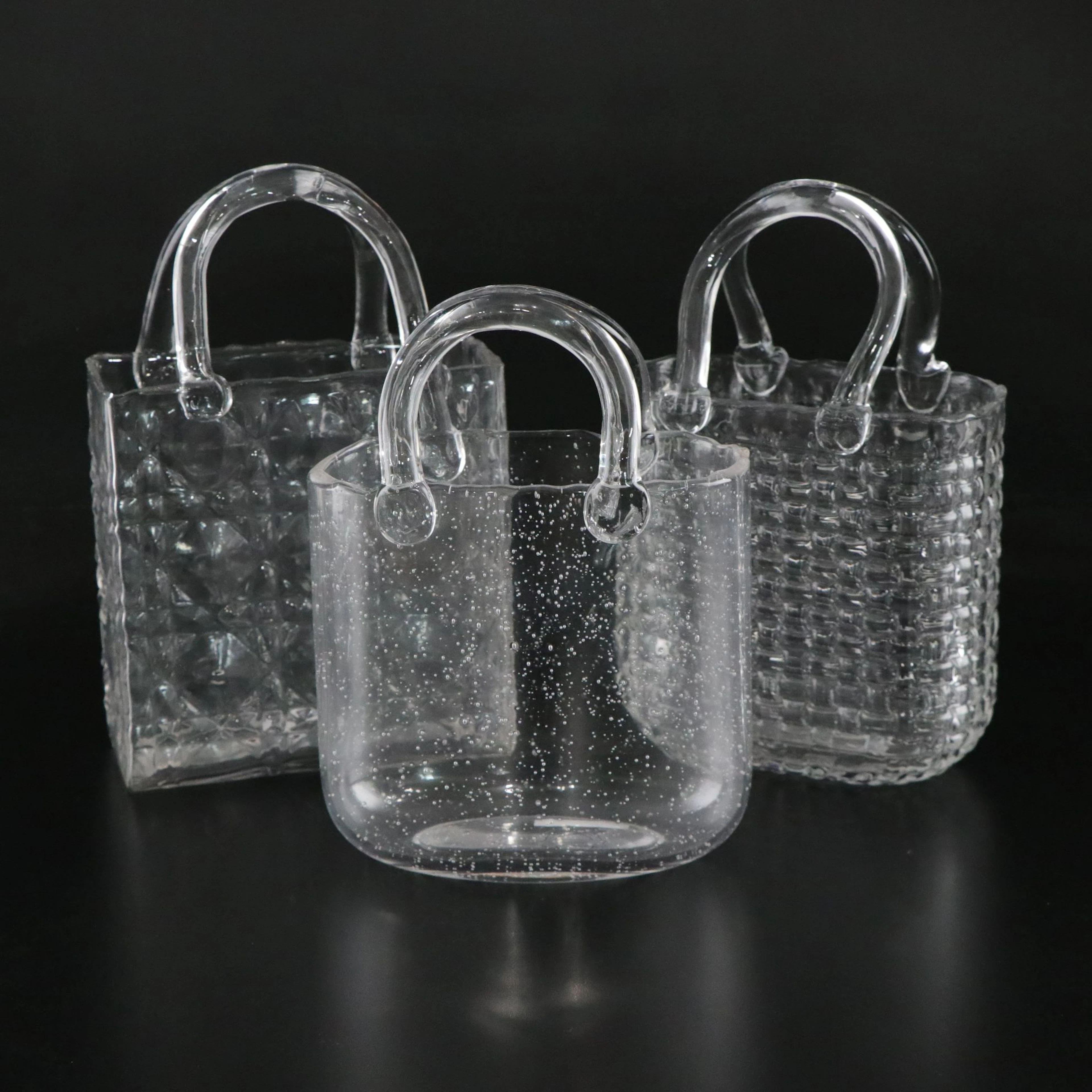 Glass Handbag Vases with "Controlled Bubbles", "Woven", & "Quilted Patterns"