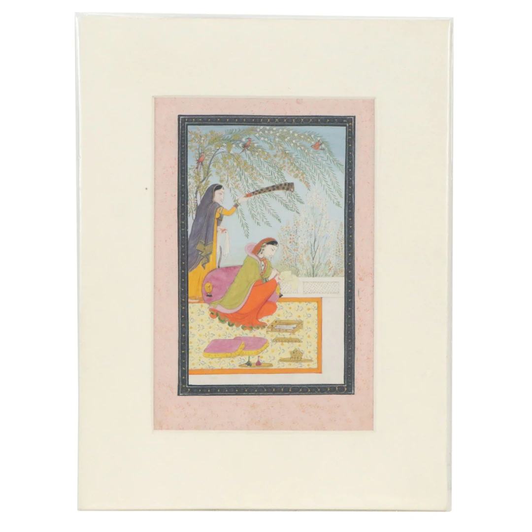 Antique Pahari Indian Gouache Painting of Women on Terrace