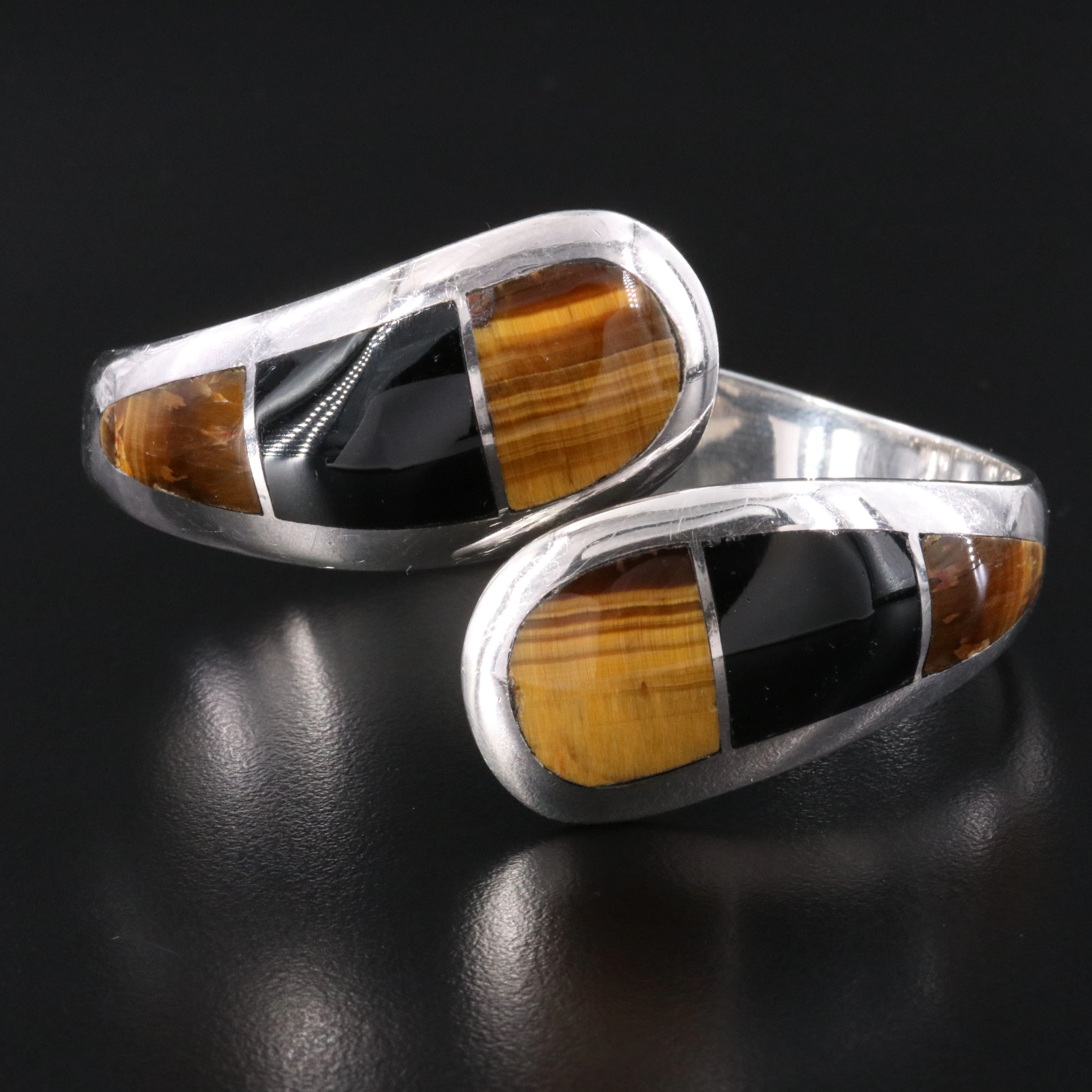 Taxco, Mexico Sterling Black Onyx & Tiger's Eye Inlay Clamper Bracelet