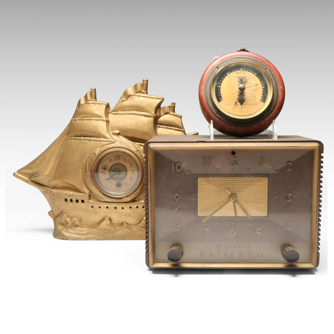 Novelty Painted Spelter Ship with Other Clocks, Early to Mid-20th Century