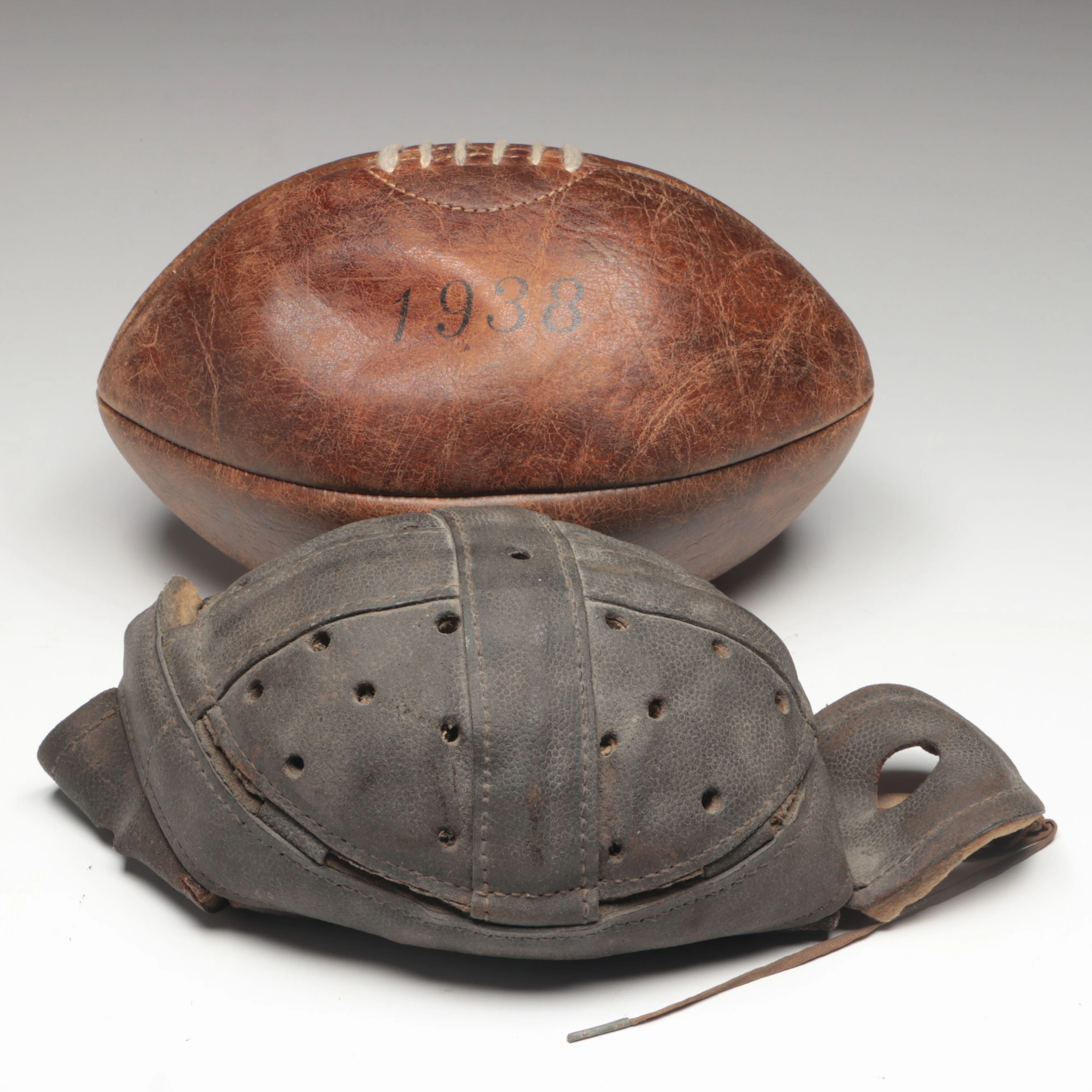Old Etonians R.U.F.C. Leather Rugby Ball with Football Helmet, Vintage