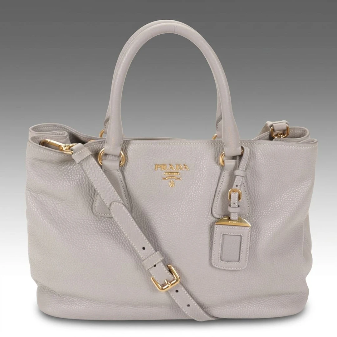 Prada Two-Way Tote Bag in Grey Vitello Daino Calfskin Leather