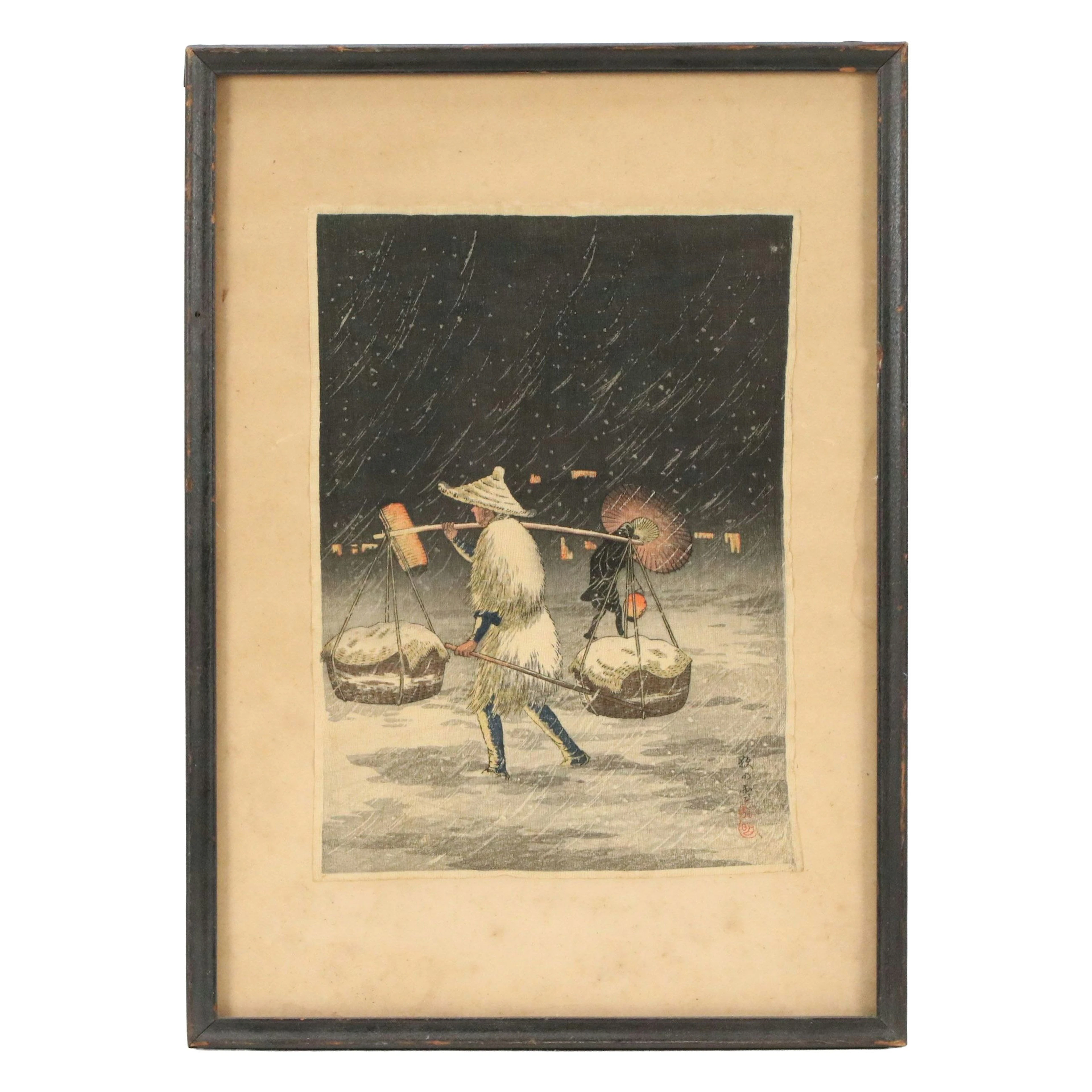 After Takahashi Shōtei Ukiyo-e Woodblock Print "Peddler in the Snowy Night"