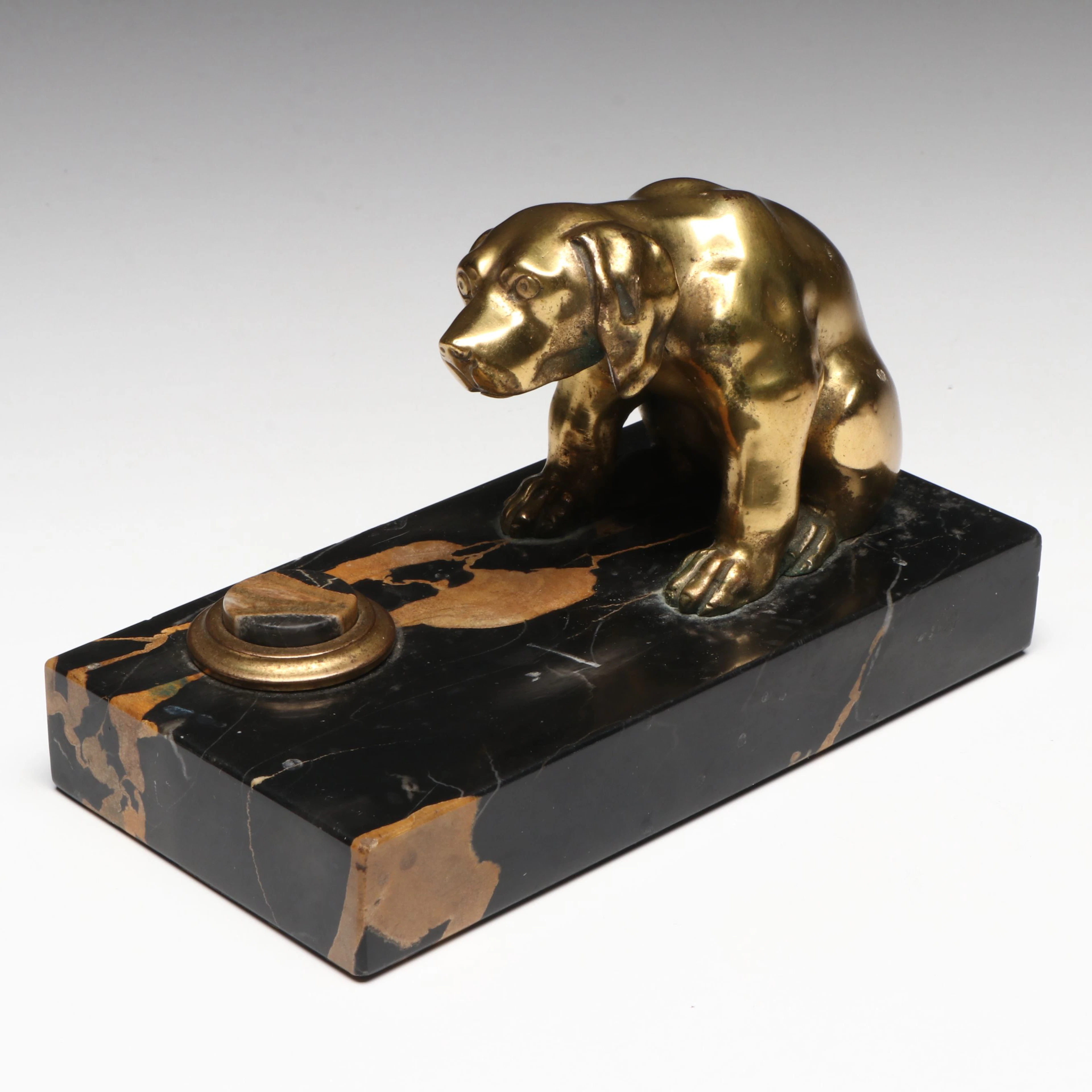 Antique Georgian Marble and Brass Dog Stamp Holder