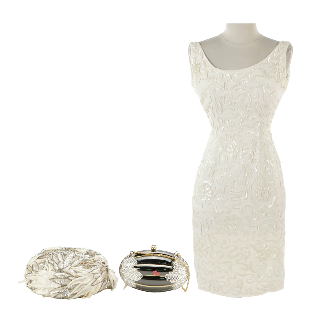 SiSi White Sequined Sleeveless Mini Dress, Roberta Bernays Fascinator & Clutch