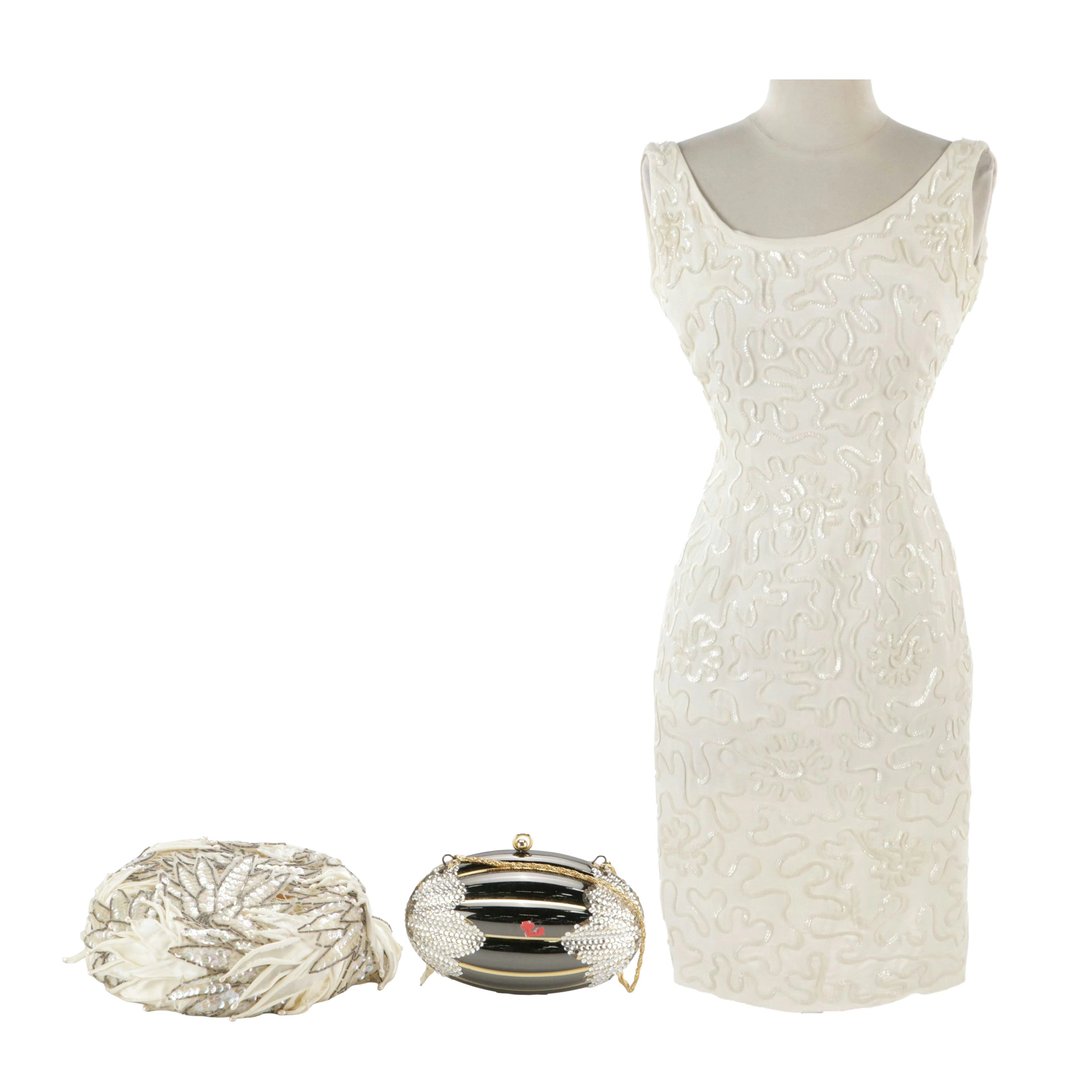 SiSi White Sequined Sleeveless Mini Dress, Roberta Bernays Fascinator & Clutch