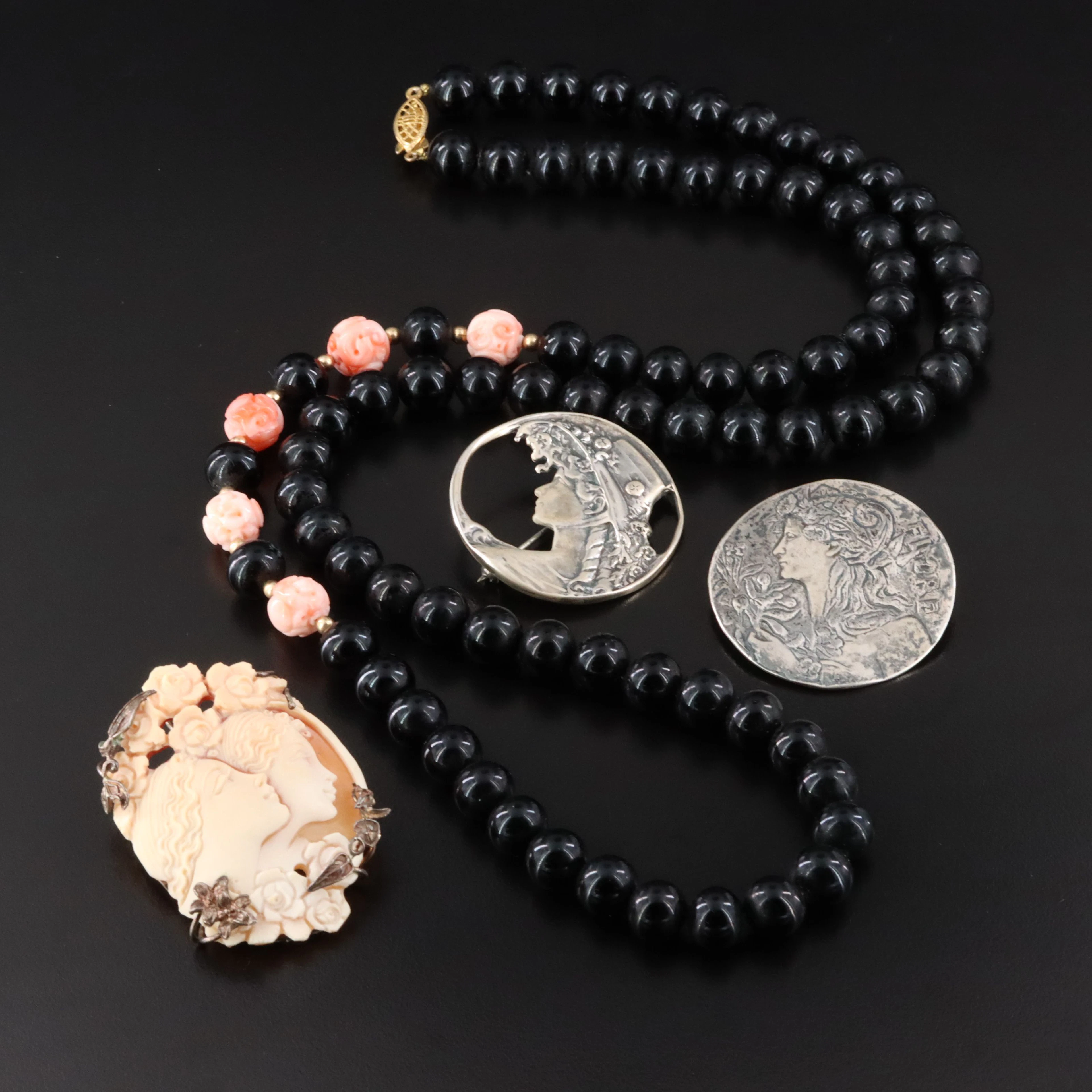 Art Nouveau Style, Sterling and Cameo Featured in Jewelry