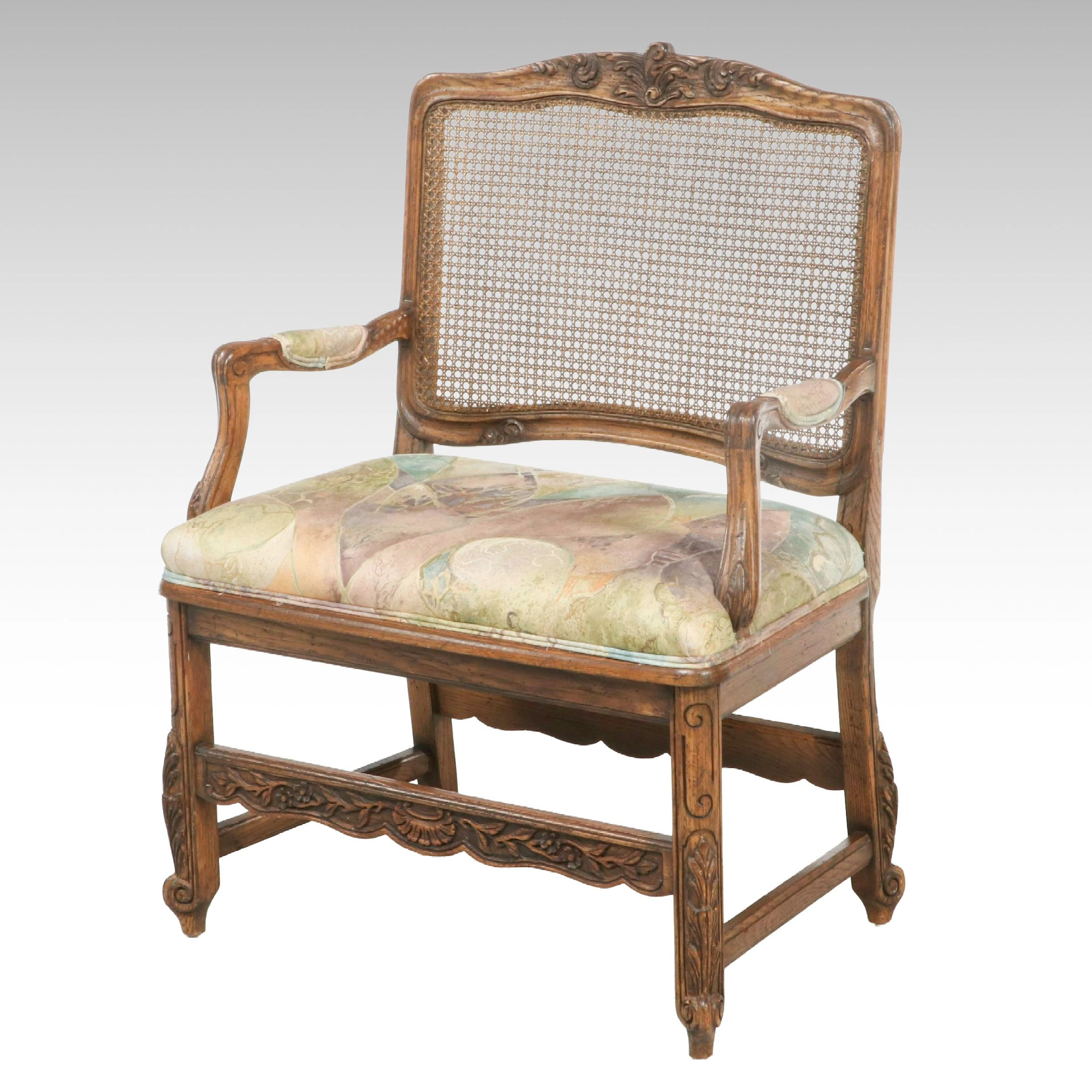 Louis XV Style Carved Oak Fauteuil with Caned Back, Mid-20th Century