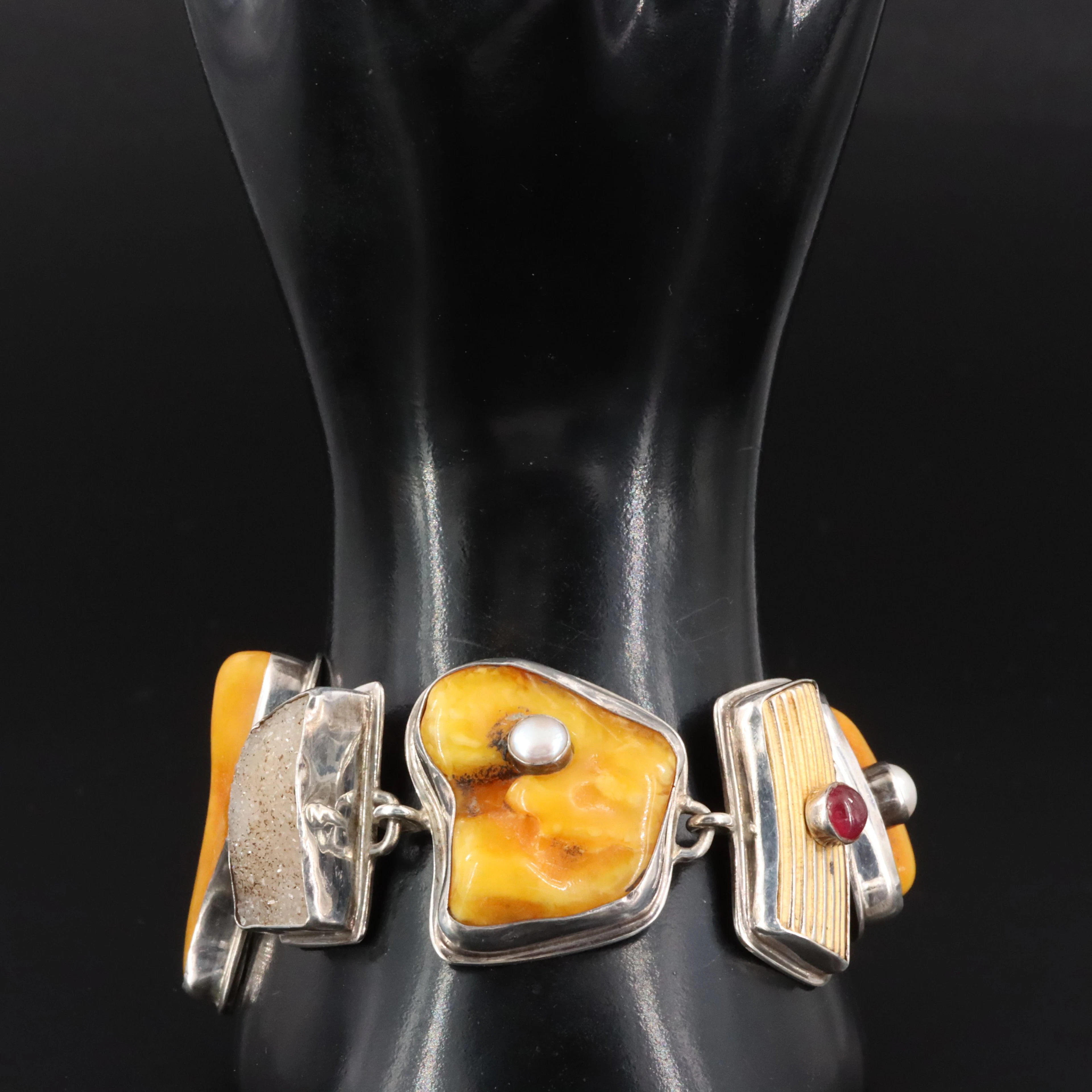 Shano Kelley Sterling Amber, Druzy & Pearl Bracelet