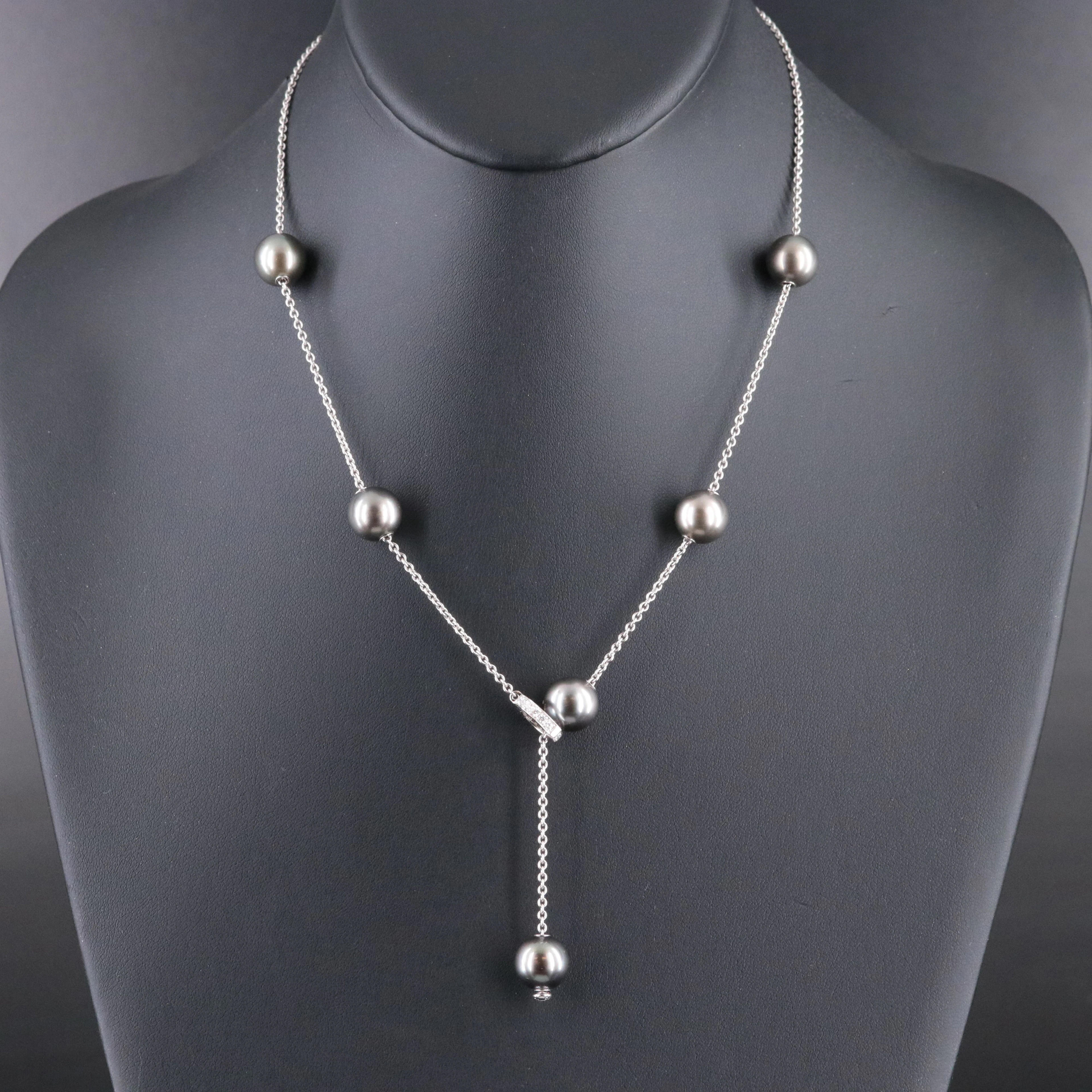 Mikimoto 18K Black Pearl and Diamond Lariat Necklace
