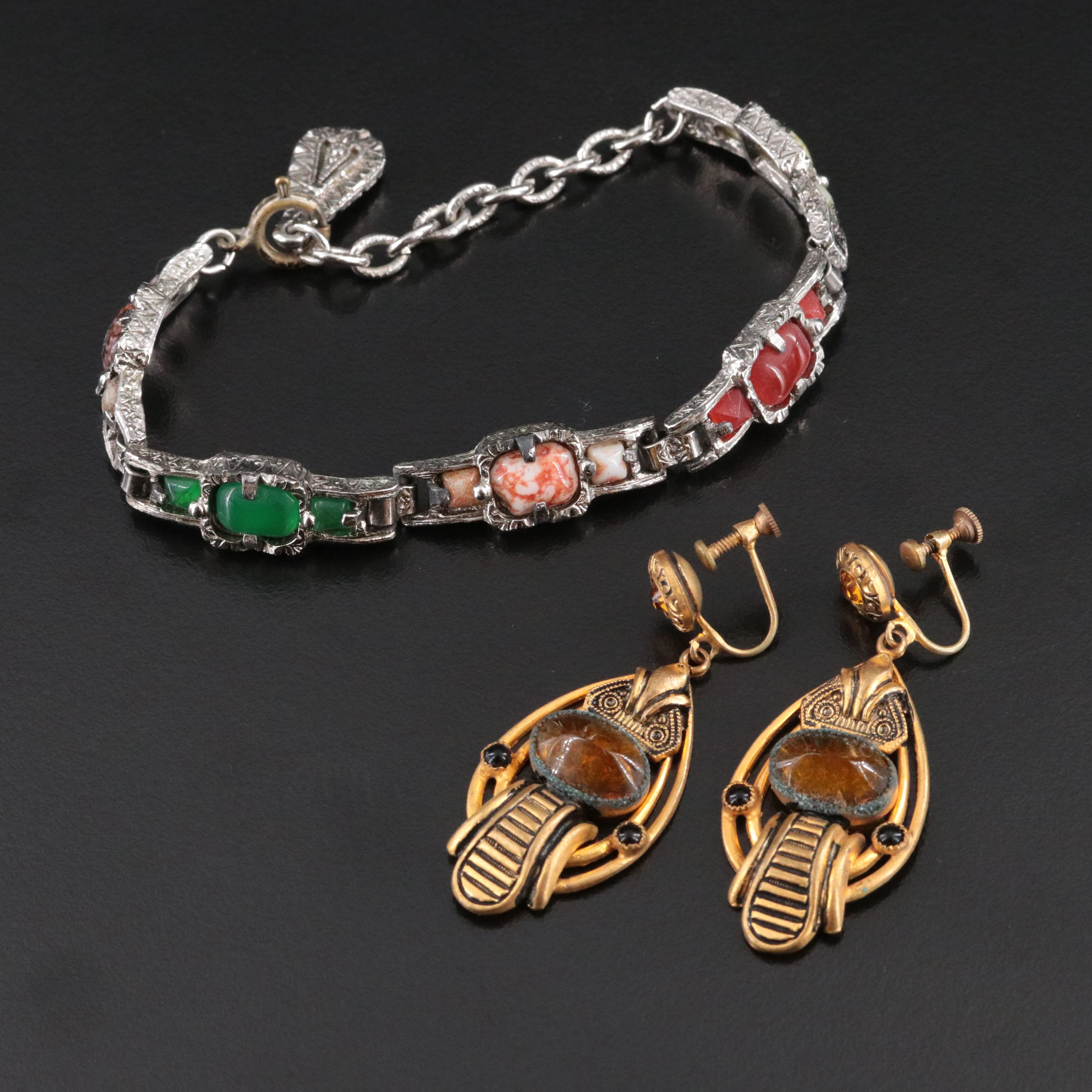 Scottish Pebble Style Bracelet & 1930s Egyptian Revival Earrings