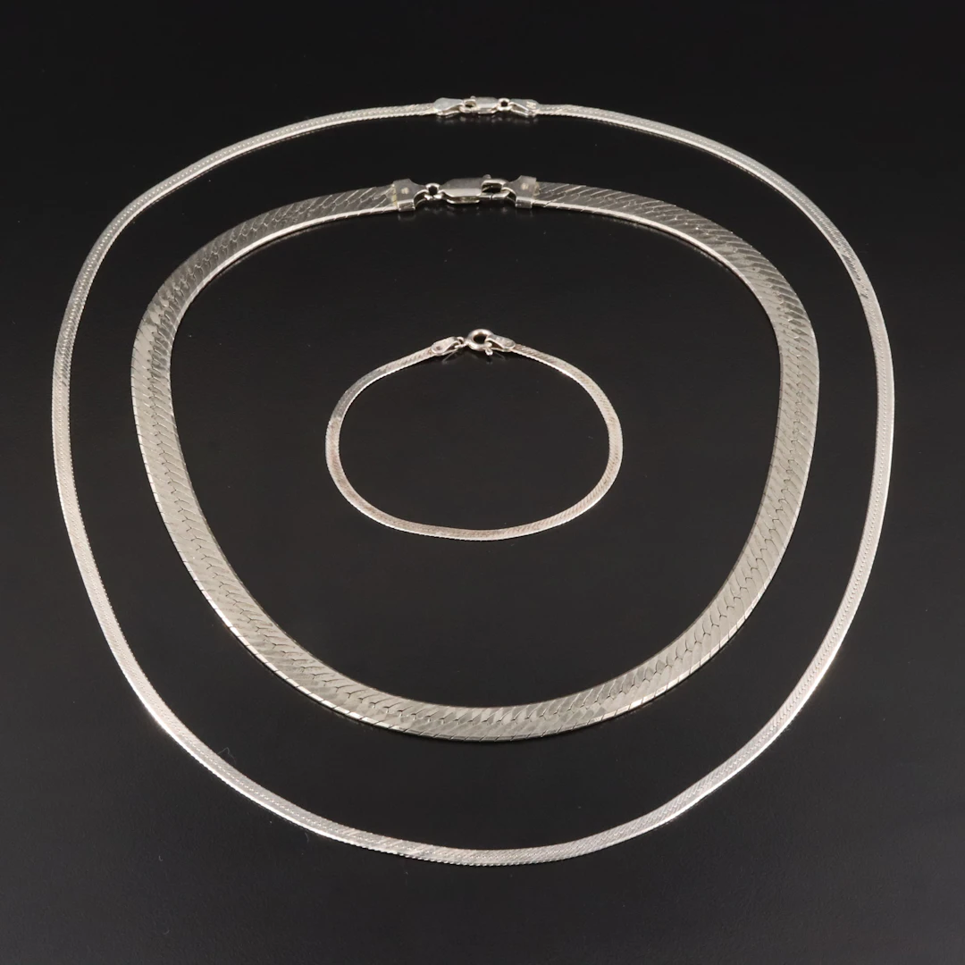Sterling Herringbone Chain Necklaces and Bracelet
