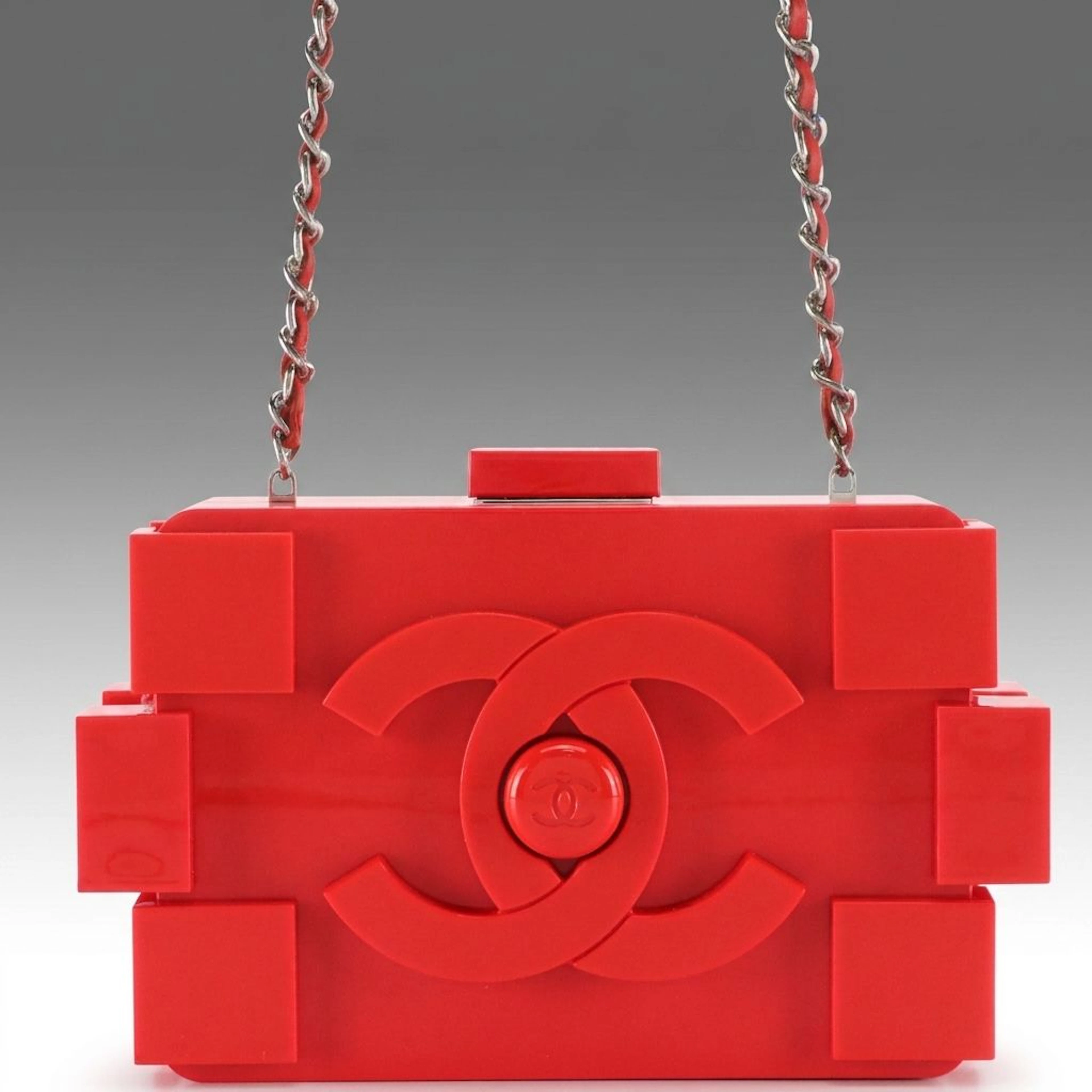 Chanel Boy Brick Lego Clutch on Chain in Red Acrylic, With Box