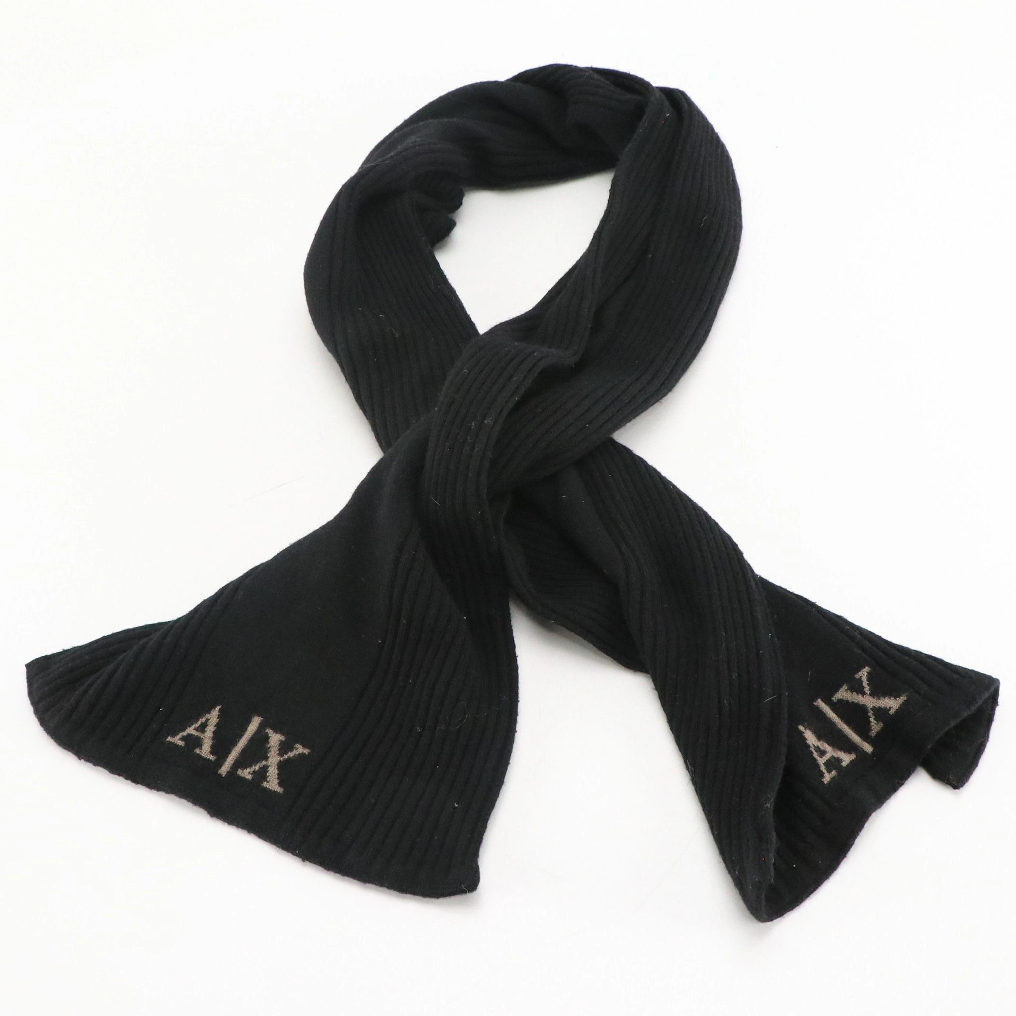 AX Armani Exchange Black Ribbed Knit Merino Wool Scarf
