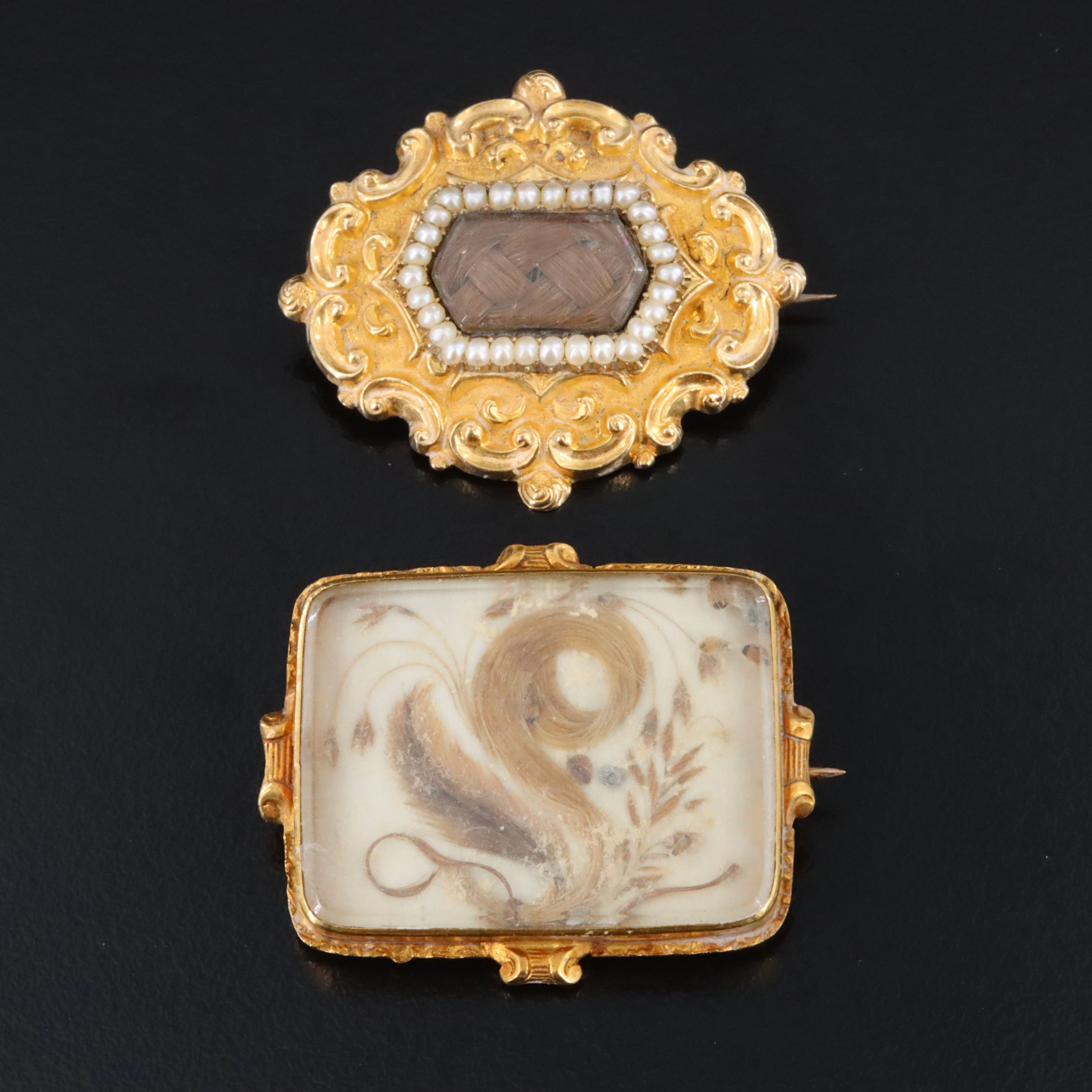 Victorian Memento Mori 18K & 10K Seed Pearl and Hair Work Brooches
