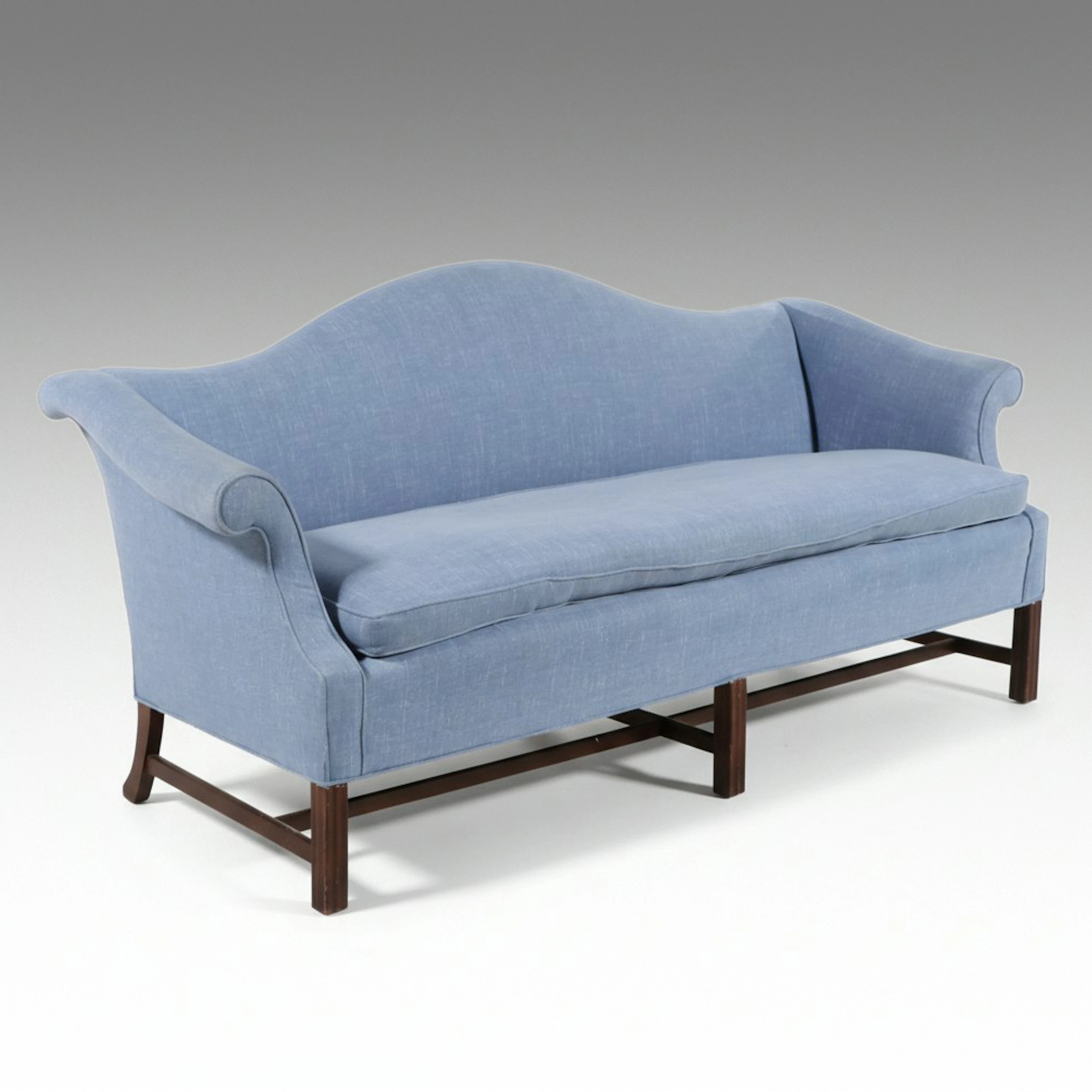 Chippendale Style Blue Linen Upholstered Camelback Sofa, 20th Century