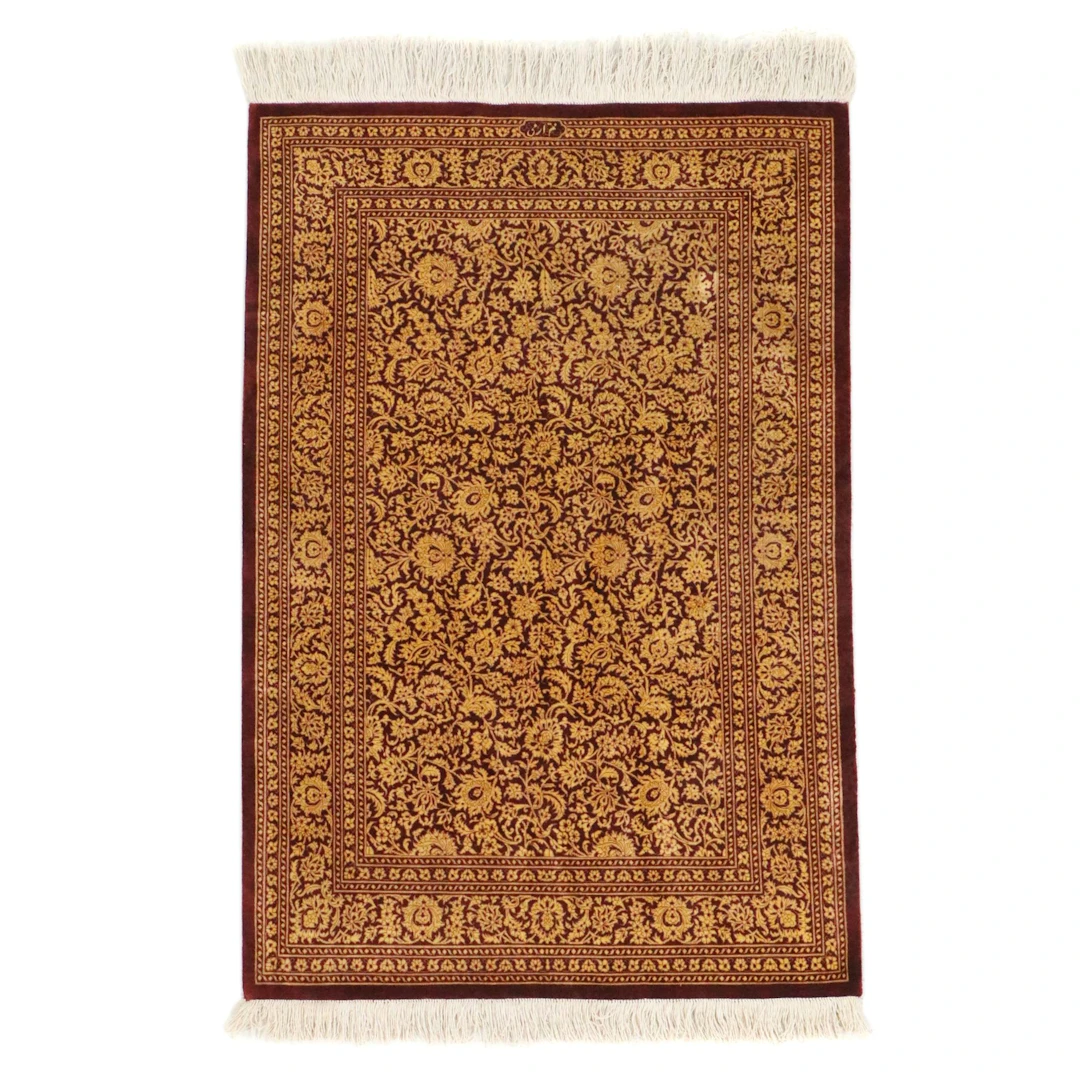 2'8 x 4'2 Hand-Knotted Signed Persian Qom Silk Accent Rug