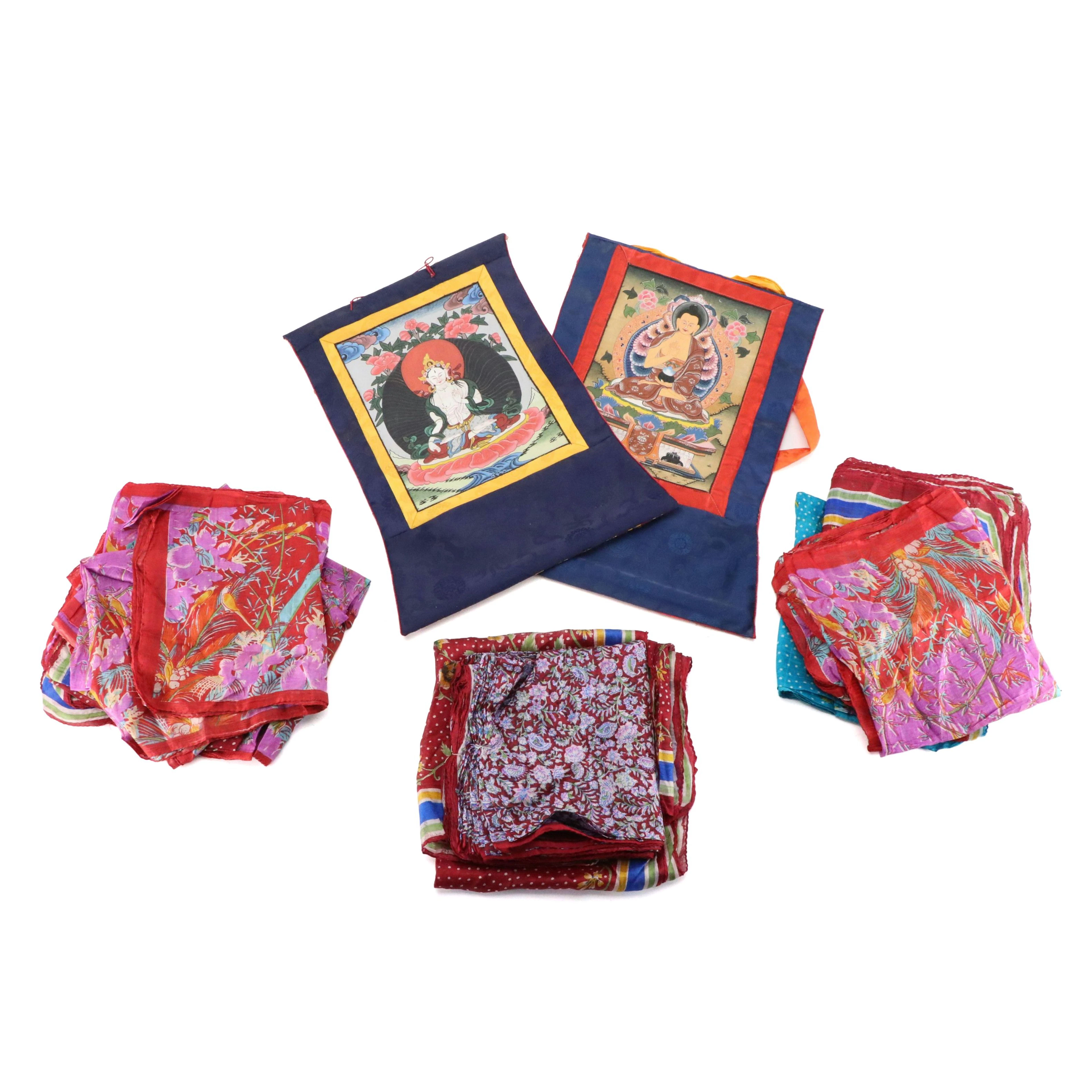 Colorful Printed Silk Scarves and Hand-Painted Buddha Wall Hangings