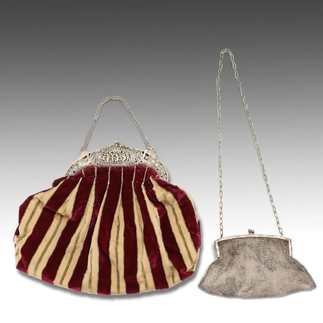 Art Deco Sterling Frame Metal Mesh Purse and Filigree Frame Velvet Striped Bag