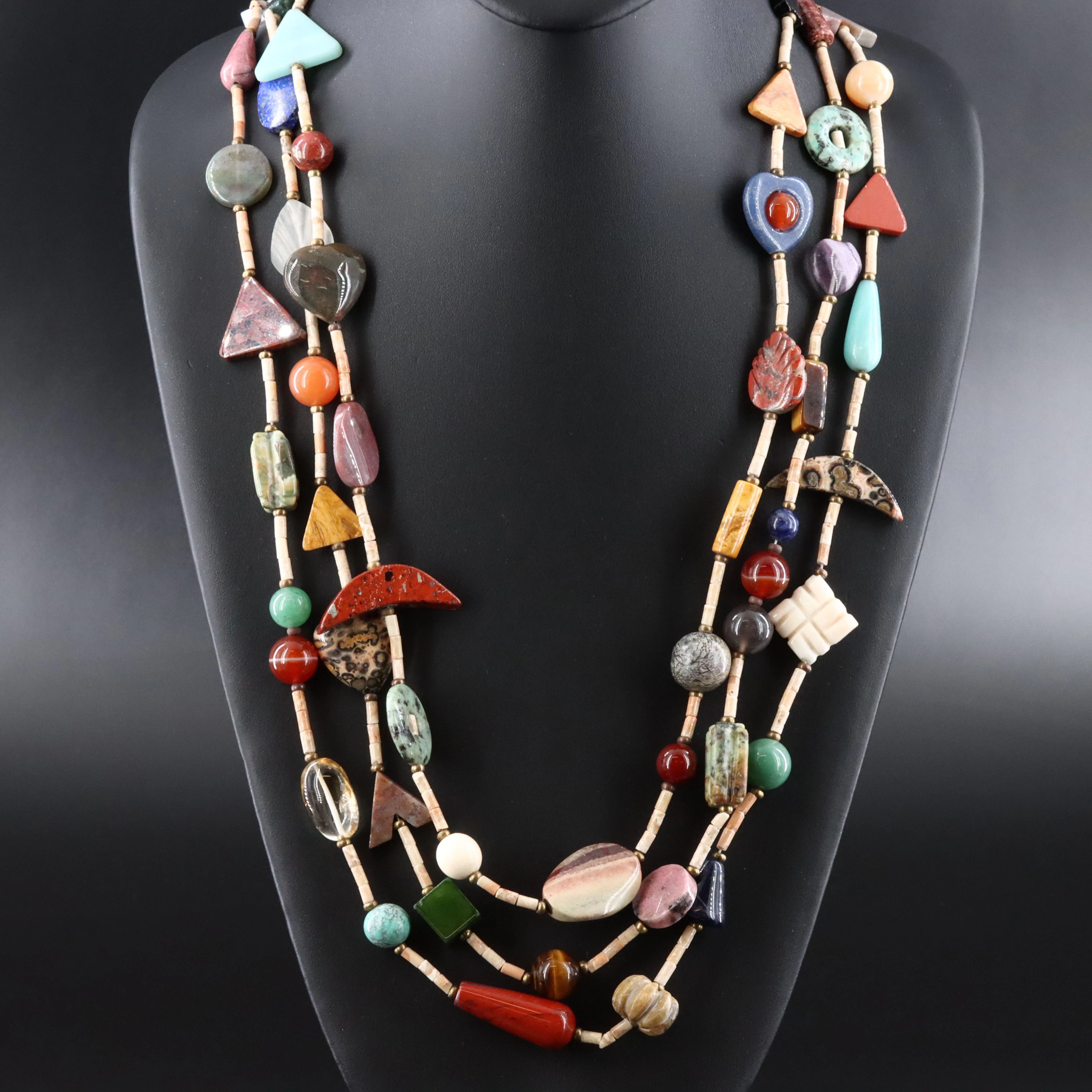 Tiered Three Strand Necklace Featuring Agate, Jasper, and Rhodonite