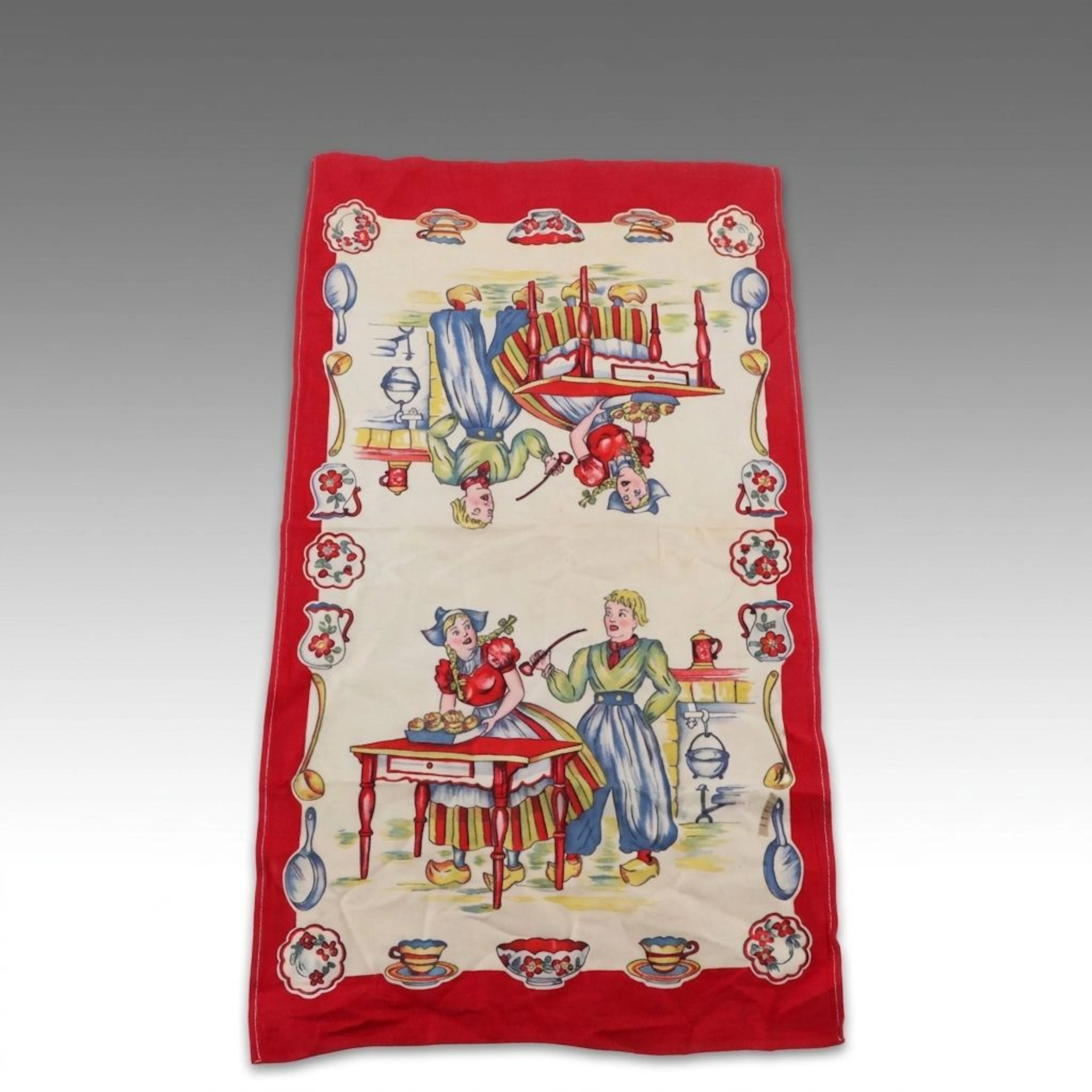 Multicolor Dutch Print Cotton Kitchen Dish Towel, Mid-20th Century