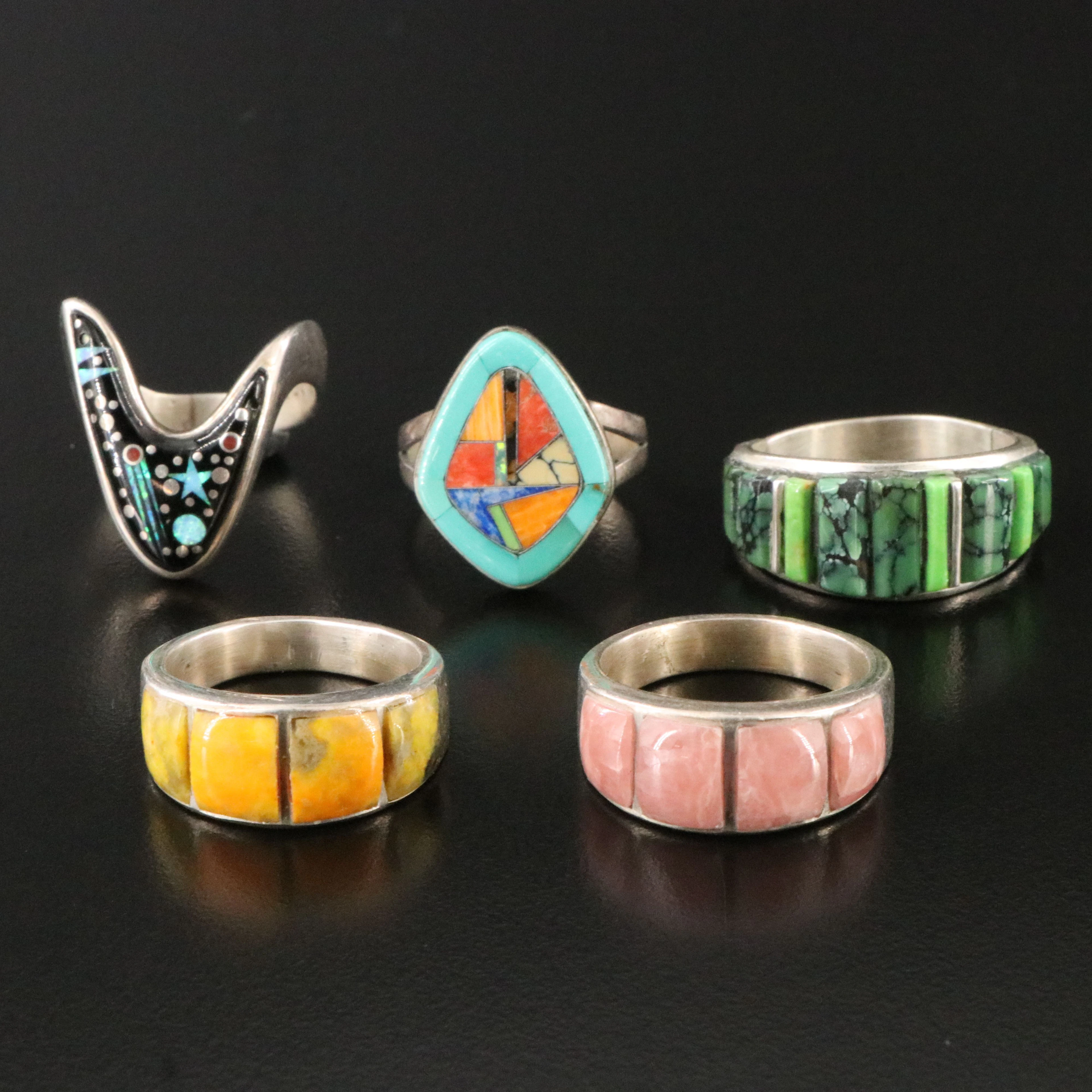 Southwestern Sterling Rings Featuring Rhodochrosite, Turquoise and Jasper