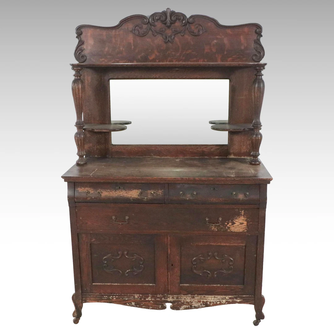 Victorian Carved Oak Sideboard with Mirror, Late 19th/Early 20th Century