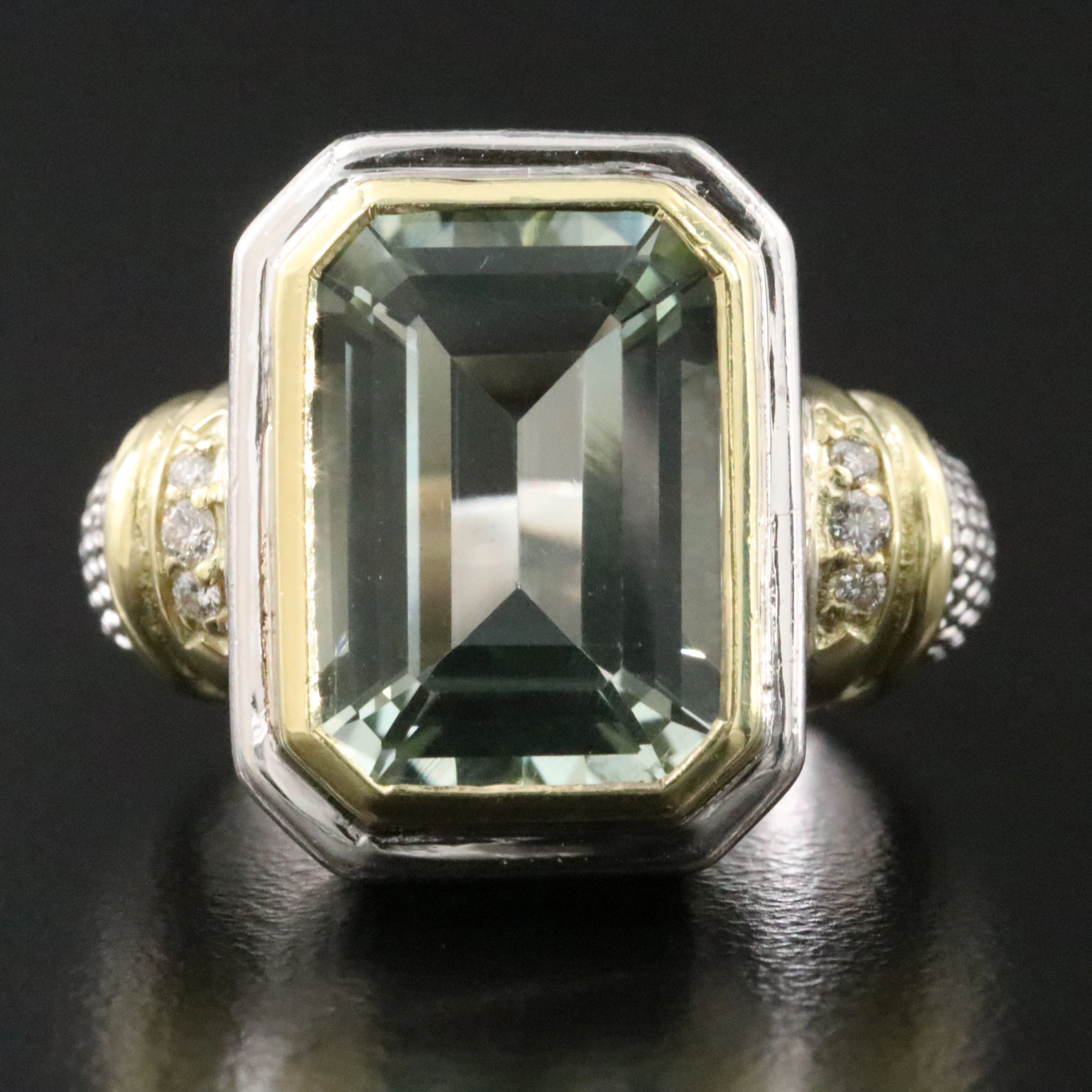 Judith Ripka Sterling Prasiolite and Diamond Ring with 18K Accents