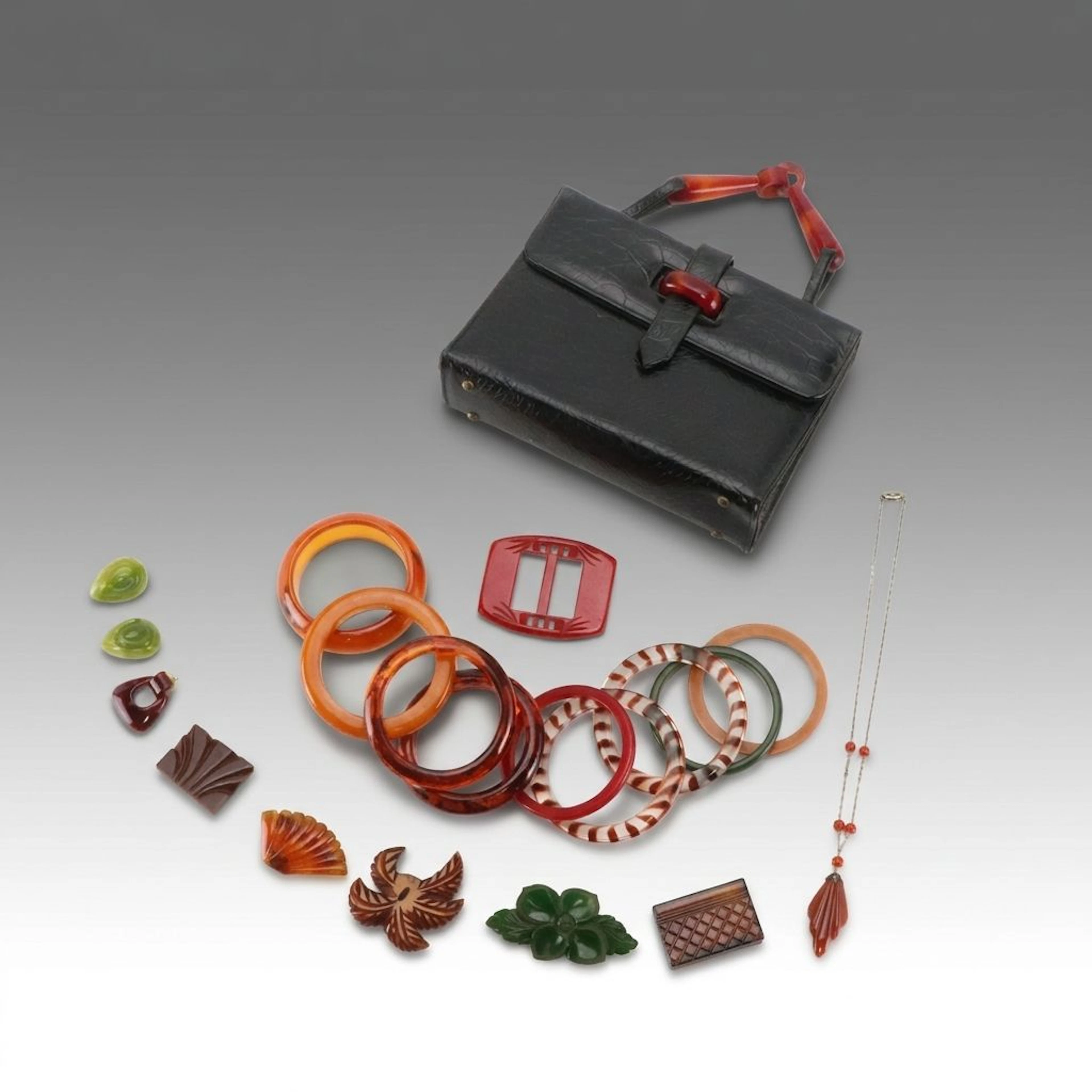 Vintage Lucite/Plastic Accessories Including Bangles, Necklace, Bag, and More