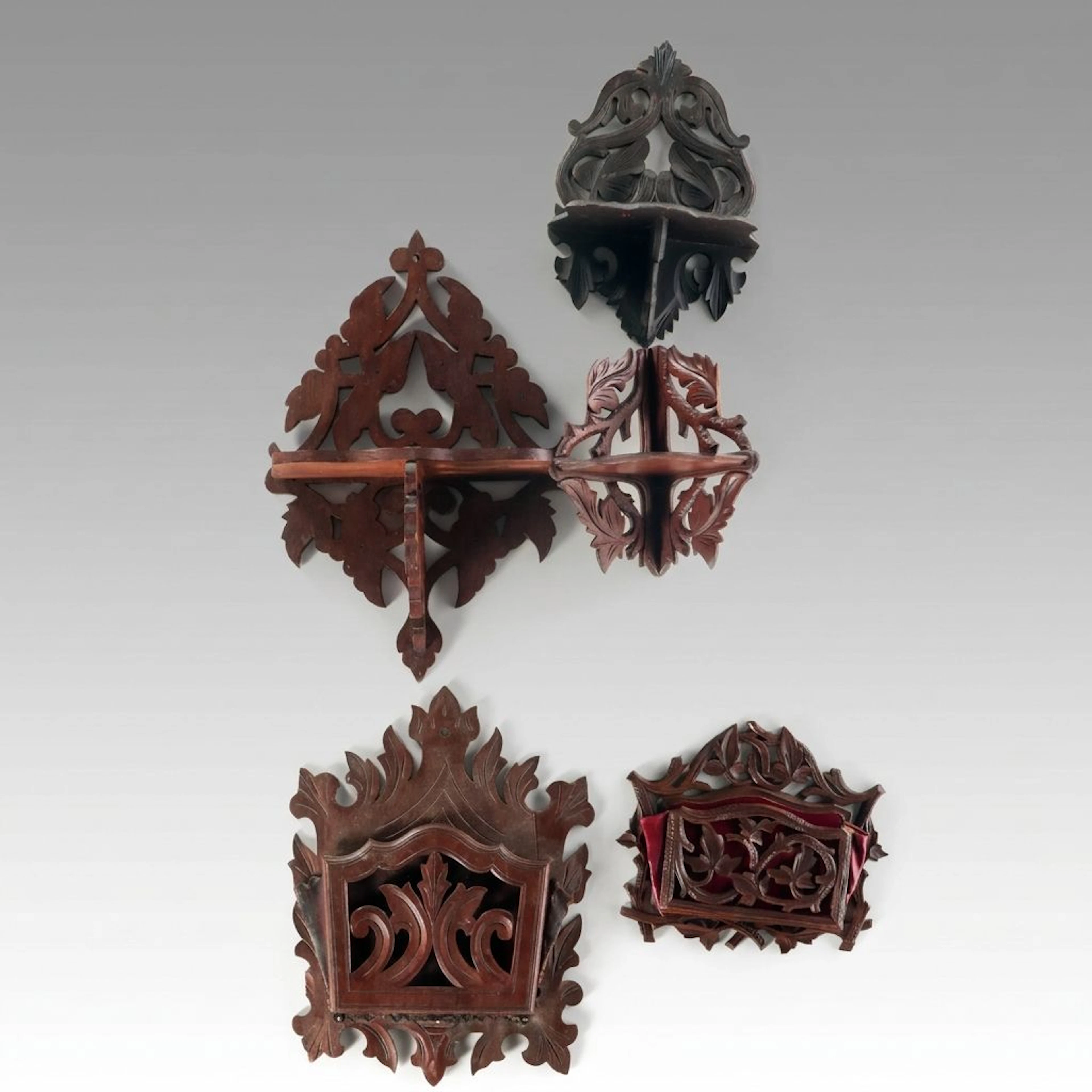 Antique Black Forest Style Wooden Wall Shelves and Letter Pockets