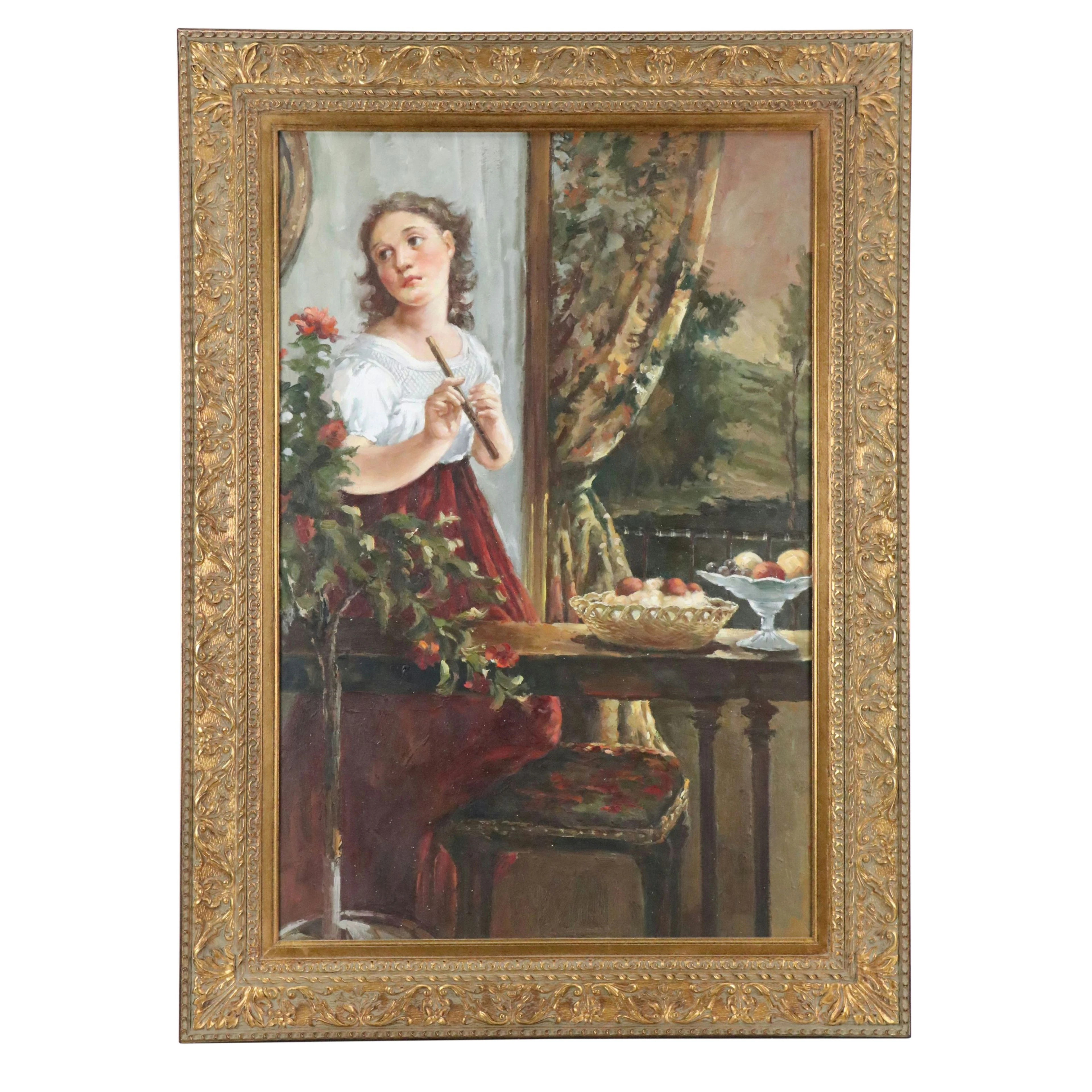Oil Painting of Girl with Recorder, 21st Century