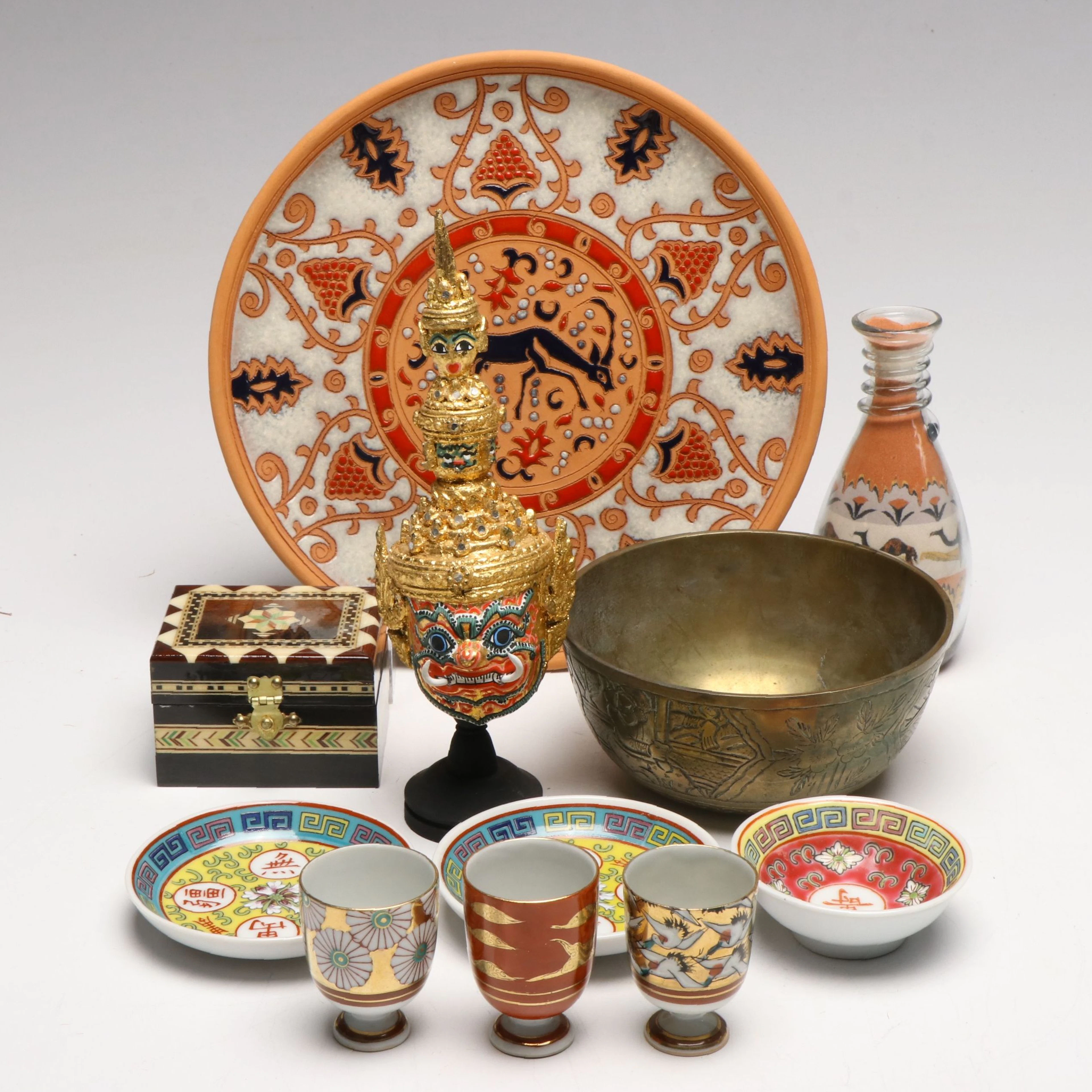 Bonis Pottery Greek Folk Art Hand-Painted Stag Plate with Asian Décor