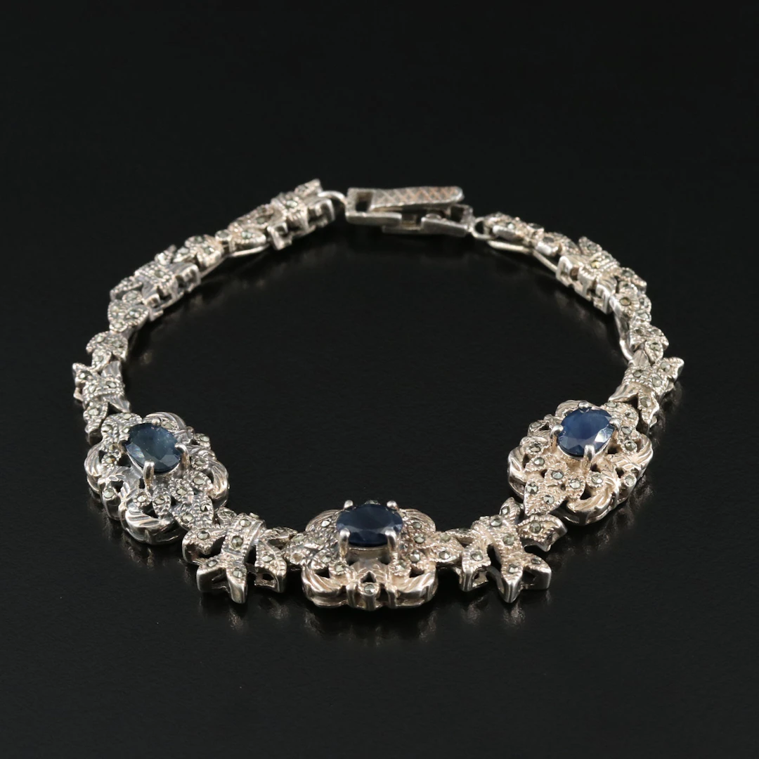 Sterling Sapphire and Marcasite Bracelet