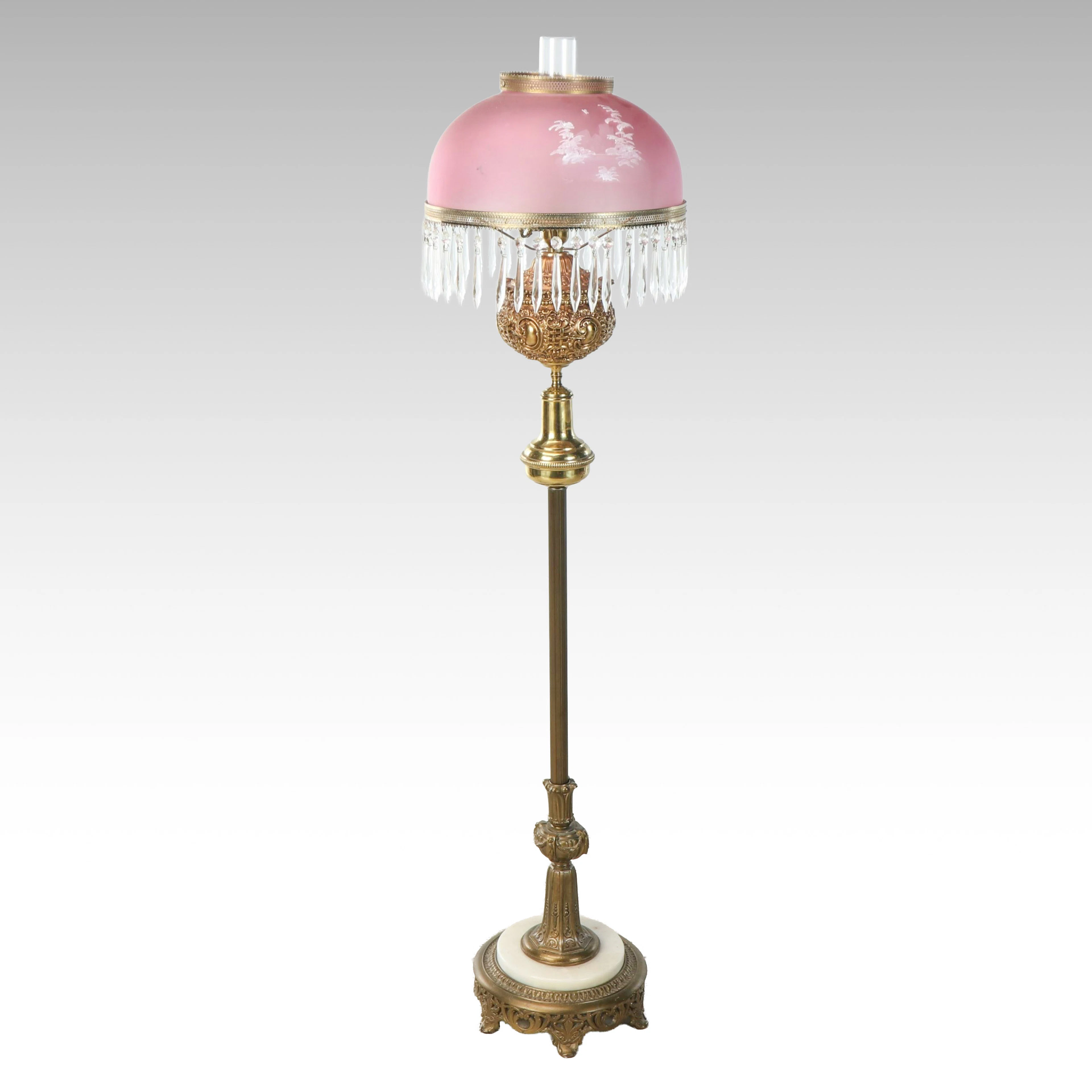 Victorian Piano Floor Lamp with Mary Gregory Style Pink Glass Shade