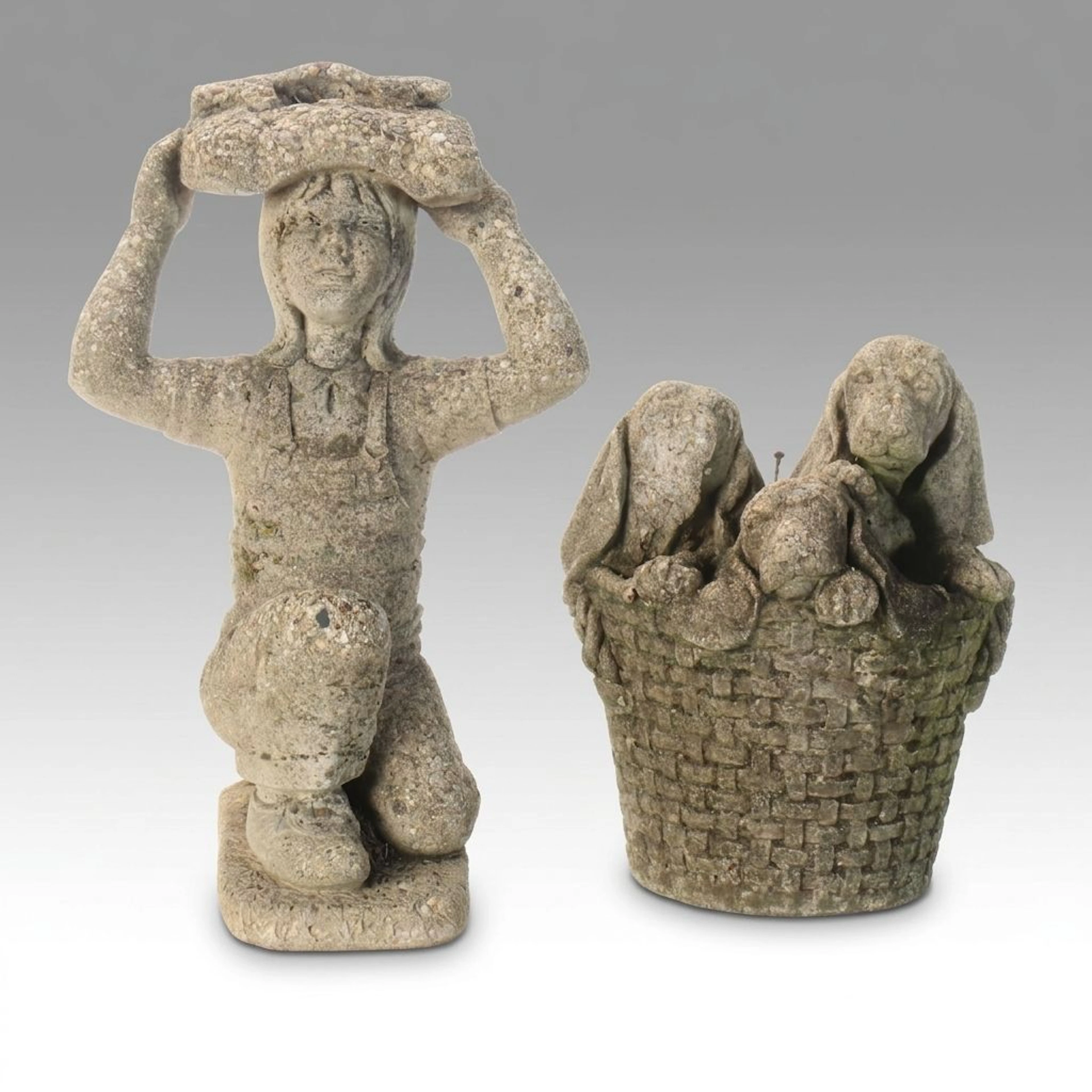 Cast Concrete Puppy Basket and Other Garden Statue