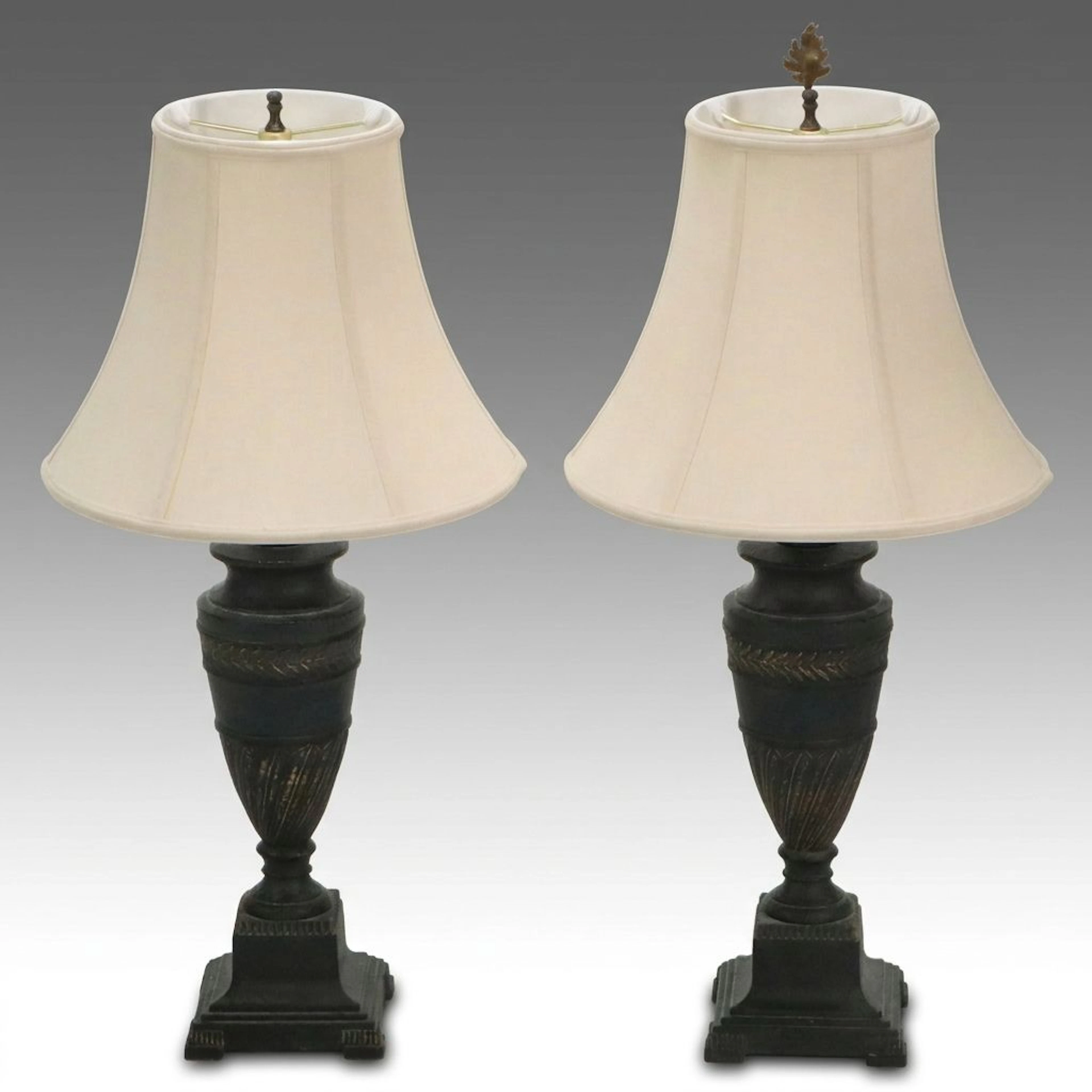 Pair of Neoclassical Style Urn Table Lamps with Silk Bell Shades