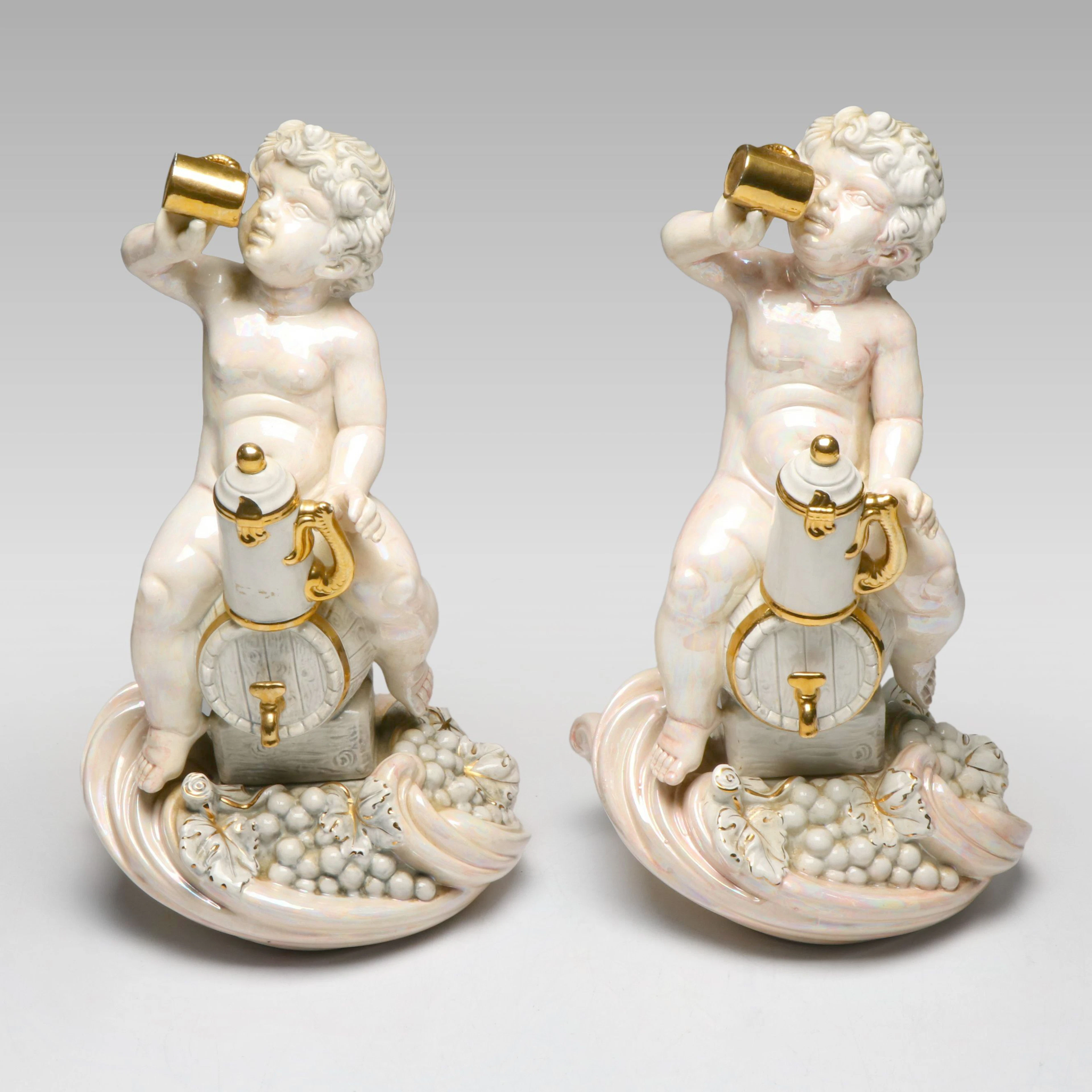 Italian Capodimonte Style Iridescent Porcelain Putto Figurines