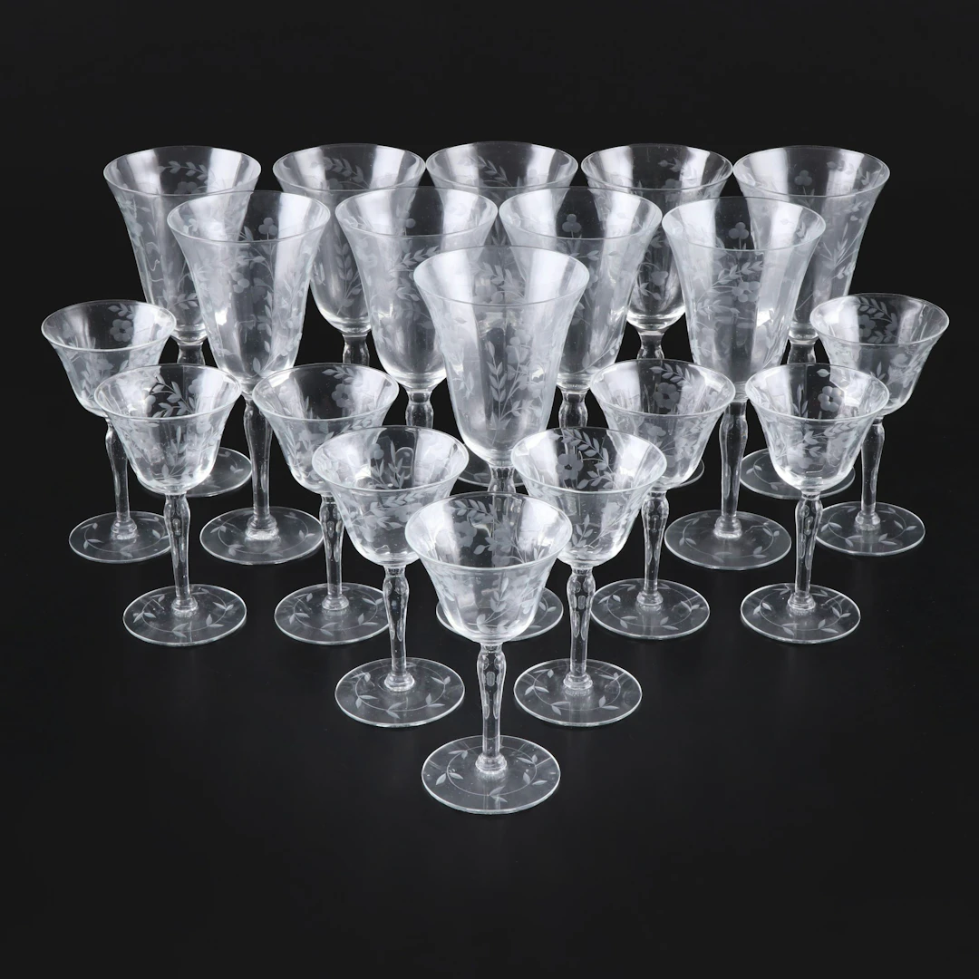 Floral Etched Glass Water Goblets and Cordial Glasses, Vintage