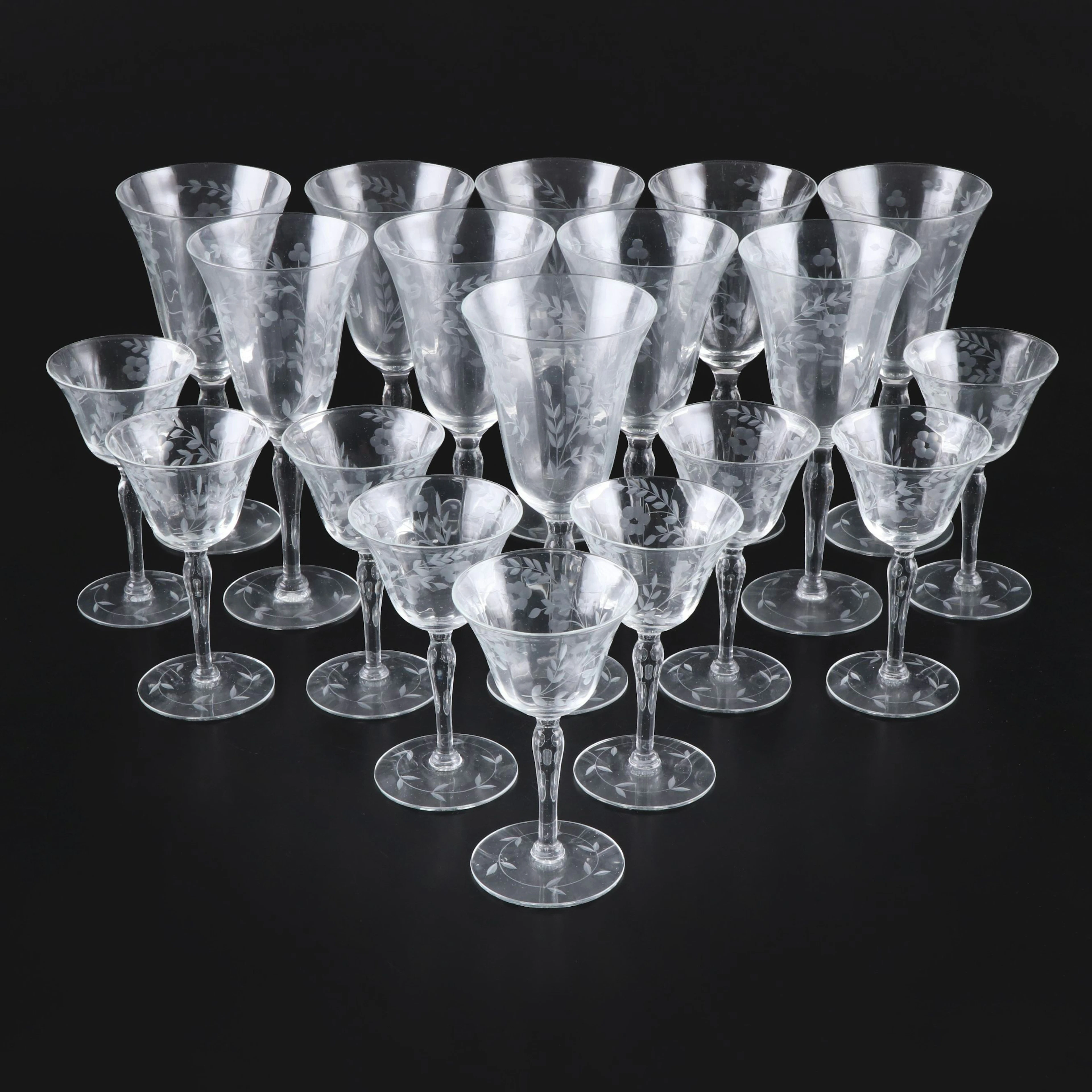 Floral Etched Glass Water Goblets and Cordial Glasses, Vintage