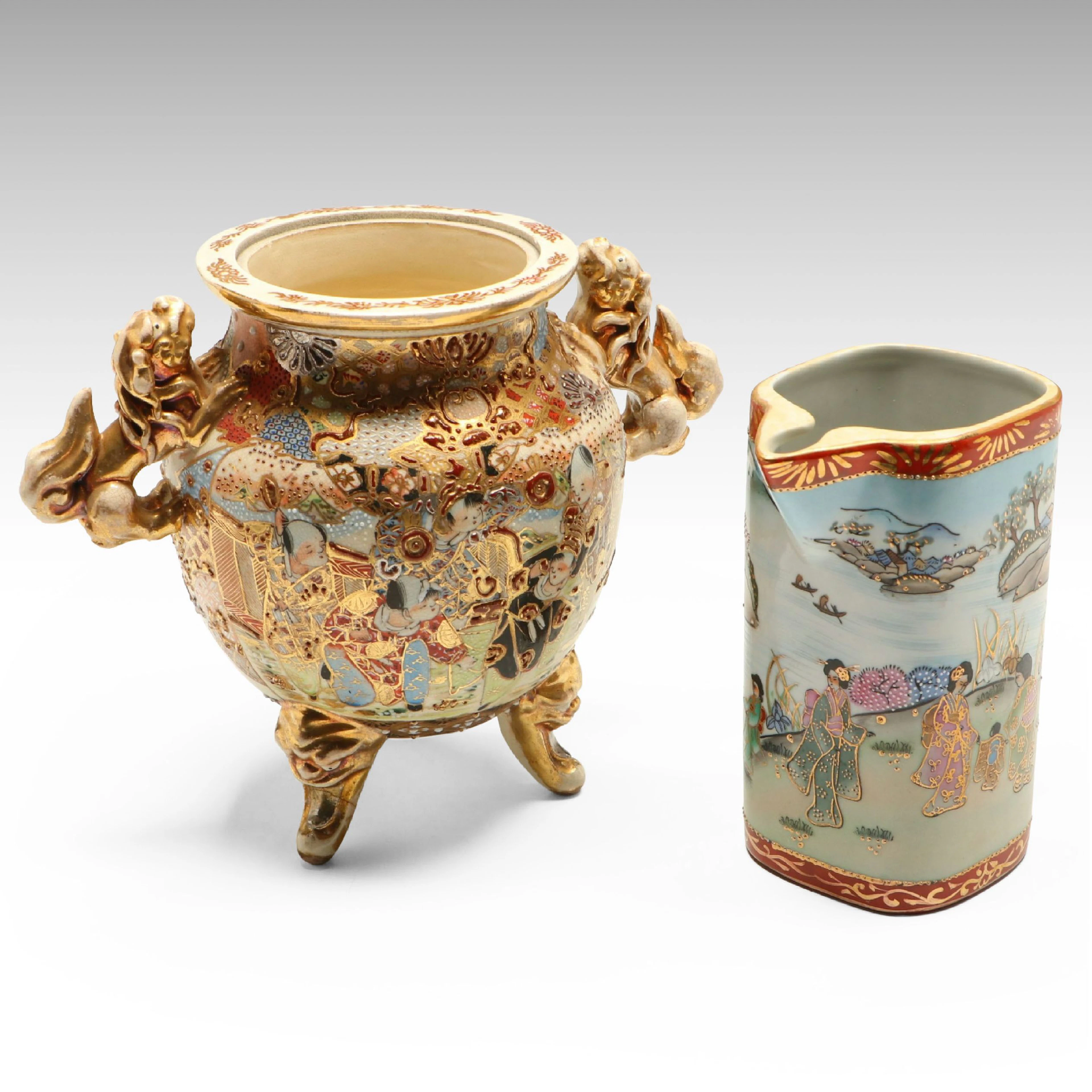 Noritake Hand-Painted Garden Scene Porcelain Pitcher with Satsuma Moriage Vase