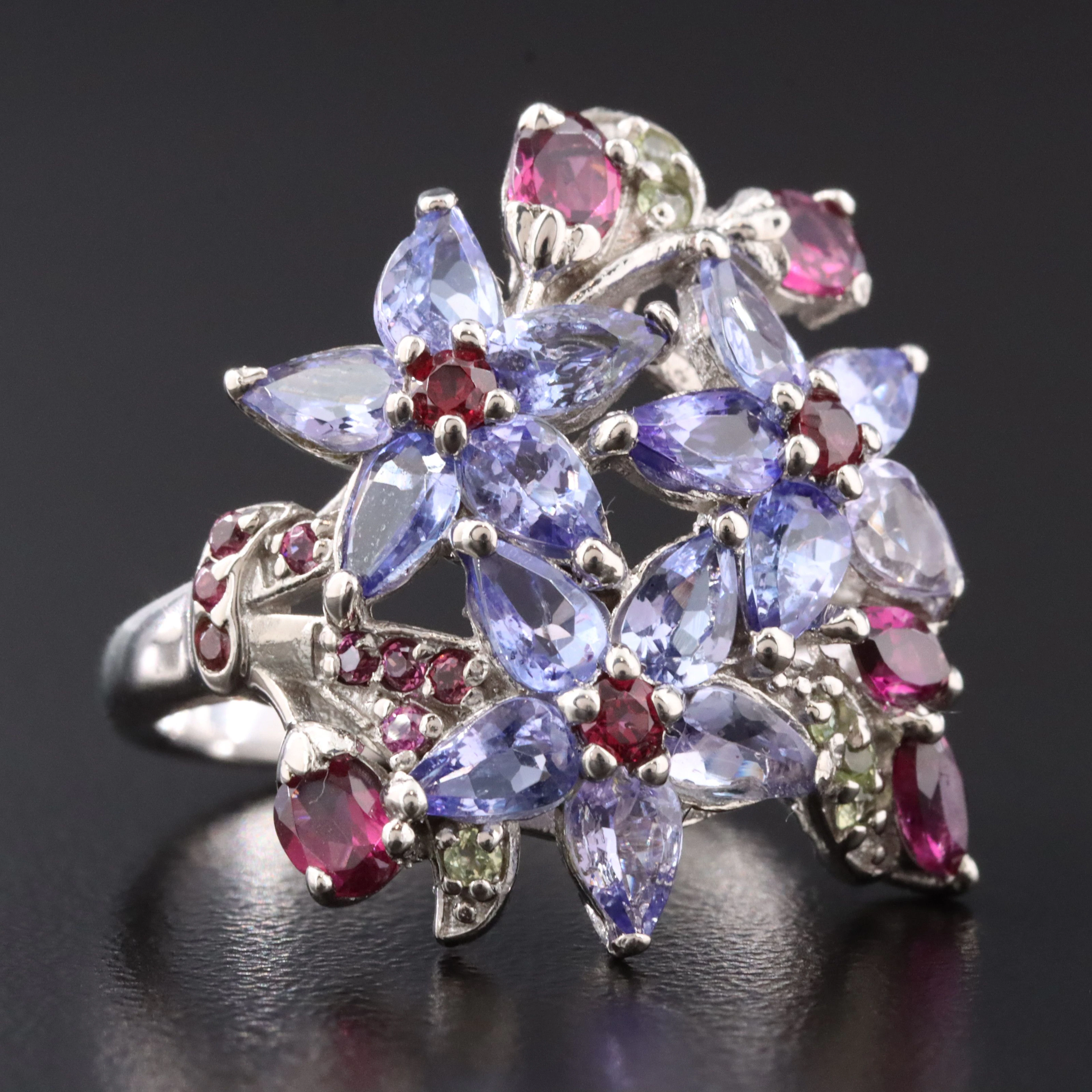 Sterling Tanzanite, Garnet, and Prasiolite Flower Ring