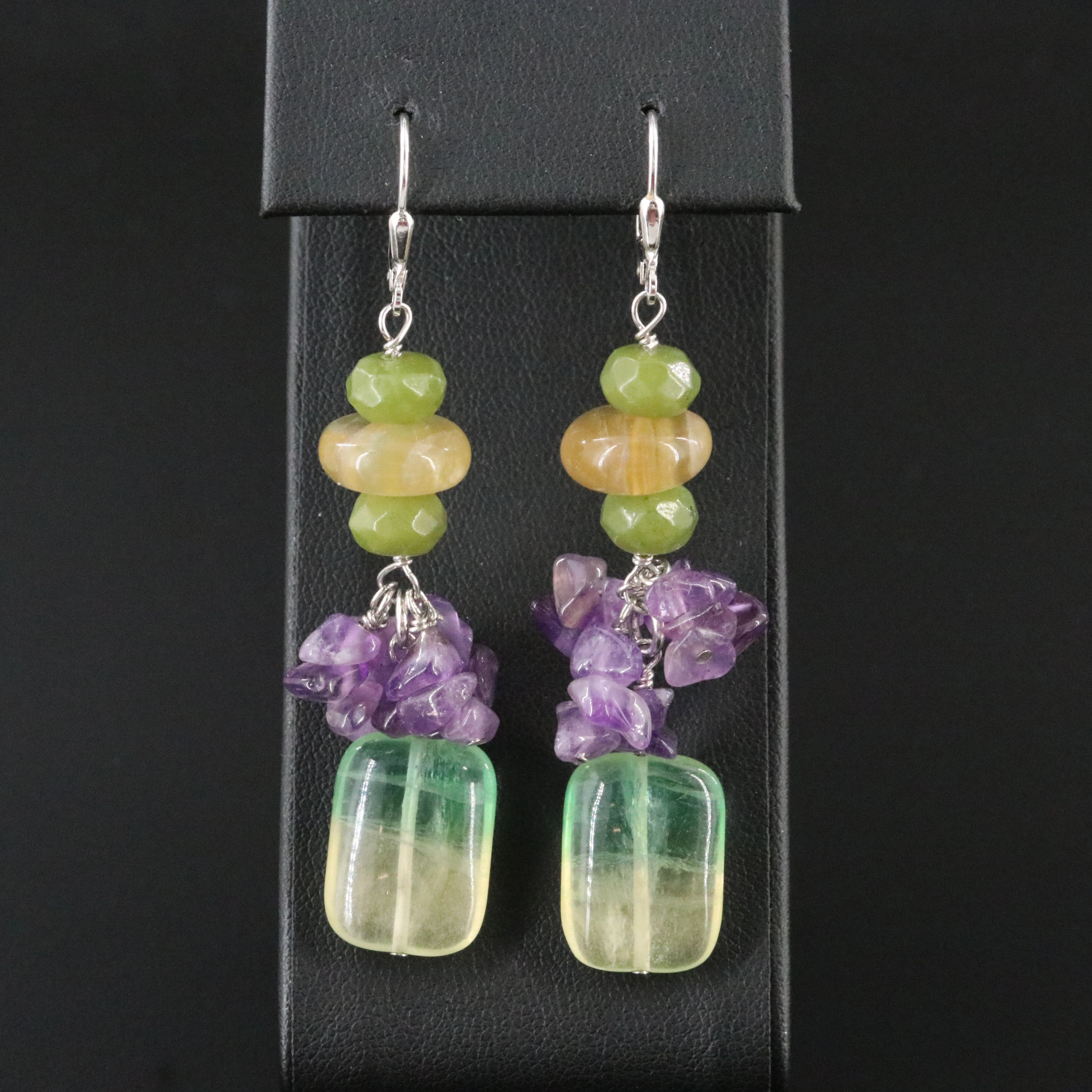 Sterling Fluorite, Amethyst and Serpentine Drop Earrings
