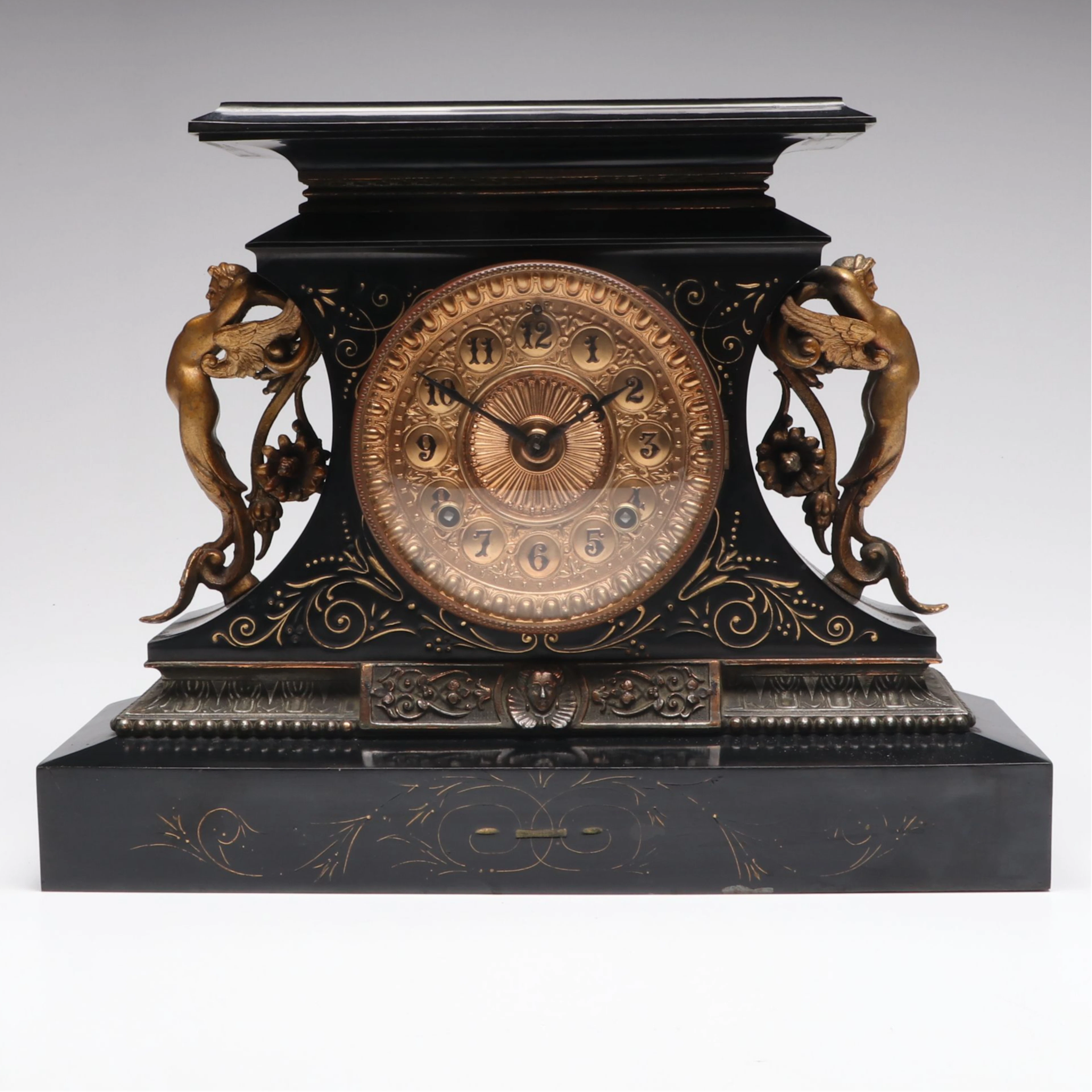 Ansonia "Rosalind" Gold Gilt Enameled Metal Mantel Clock, Antique