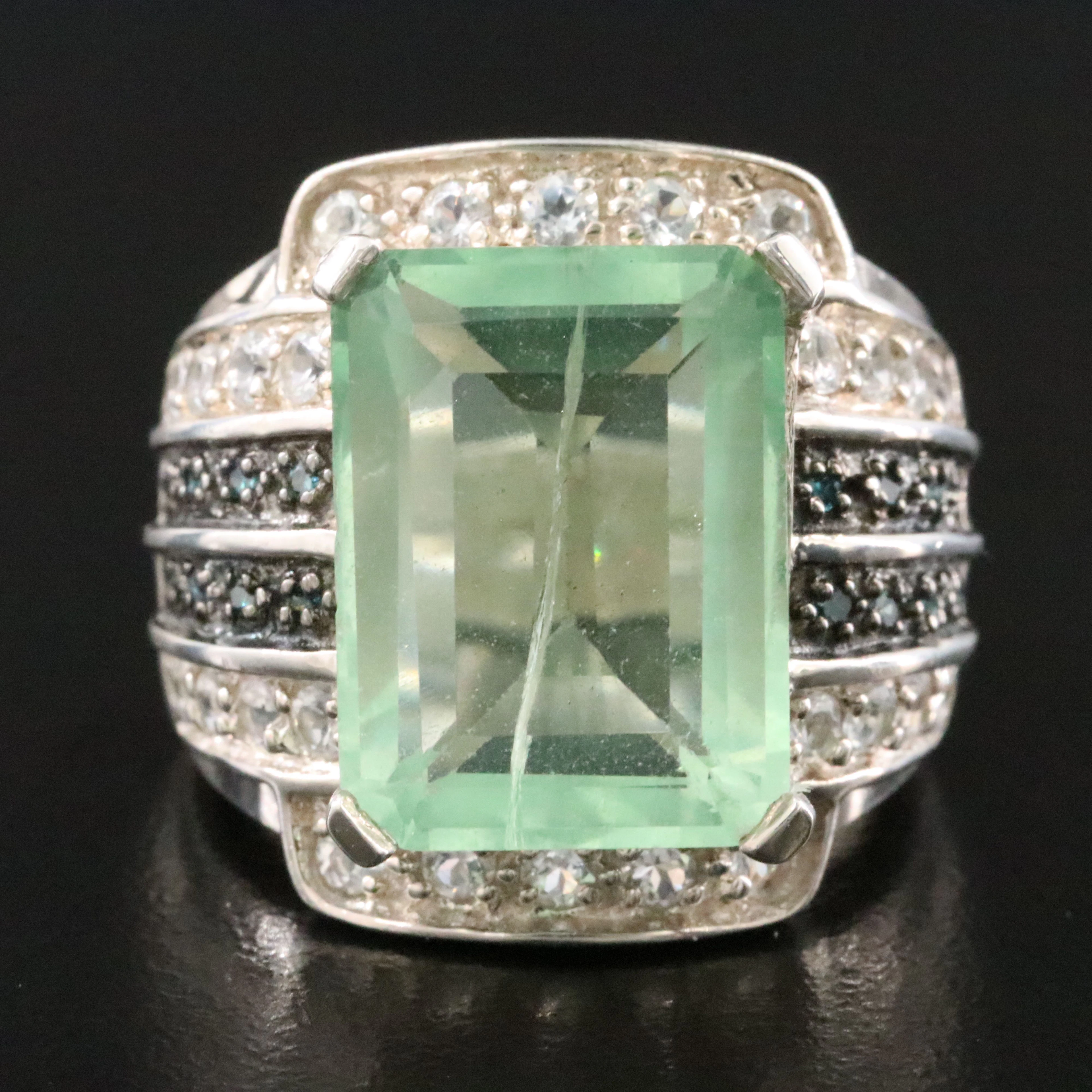 Sterling Fluorite Ring with Fancy Blue Diamond and White Topaz Accents