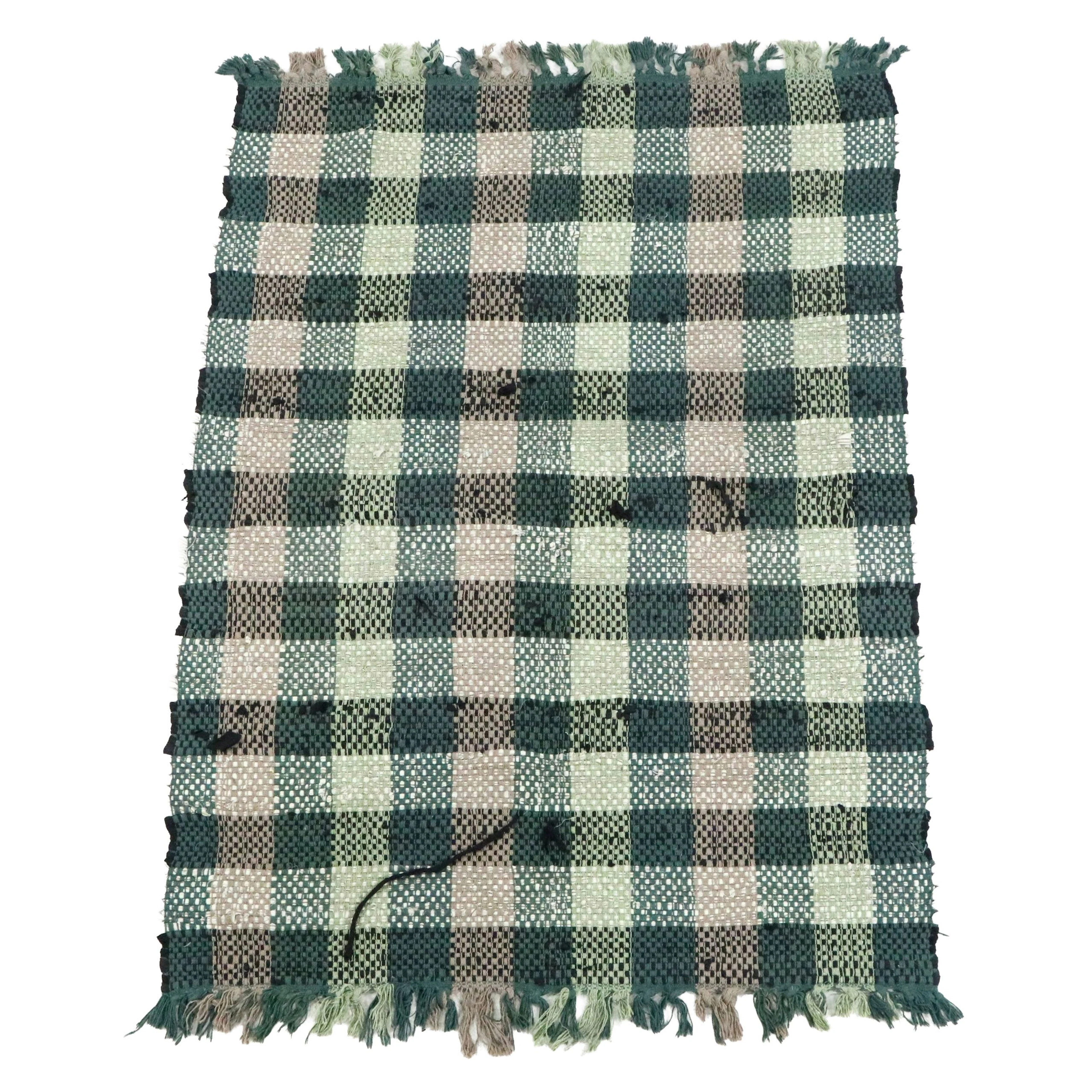 Vintage Handwoven Green Checkered Fringed Throw Blanket