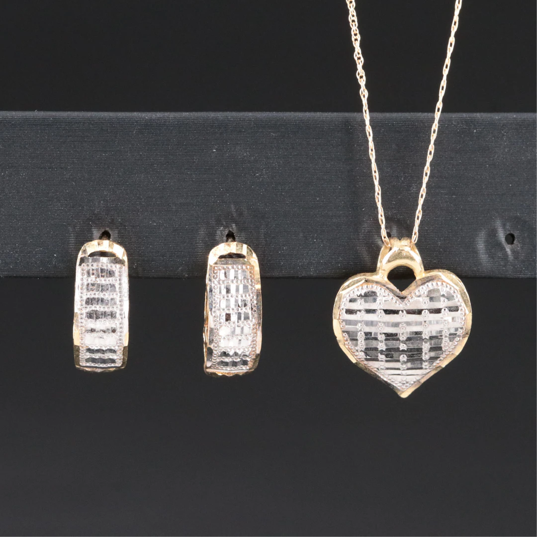 10K Two-Tone Pendant Necklace & J Hoops