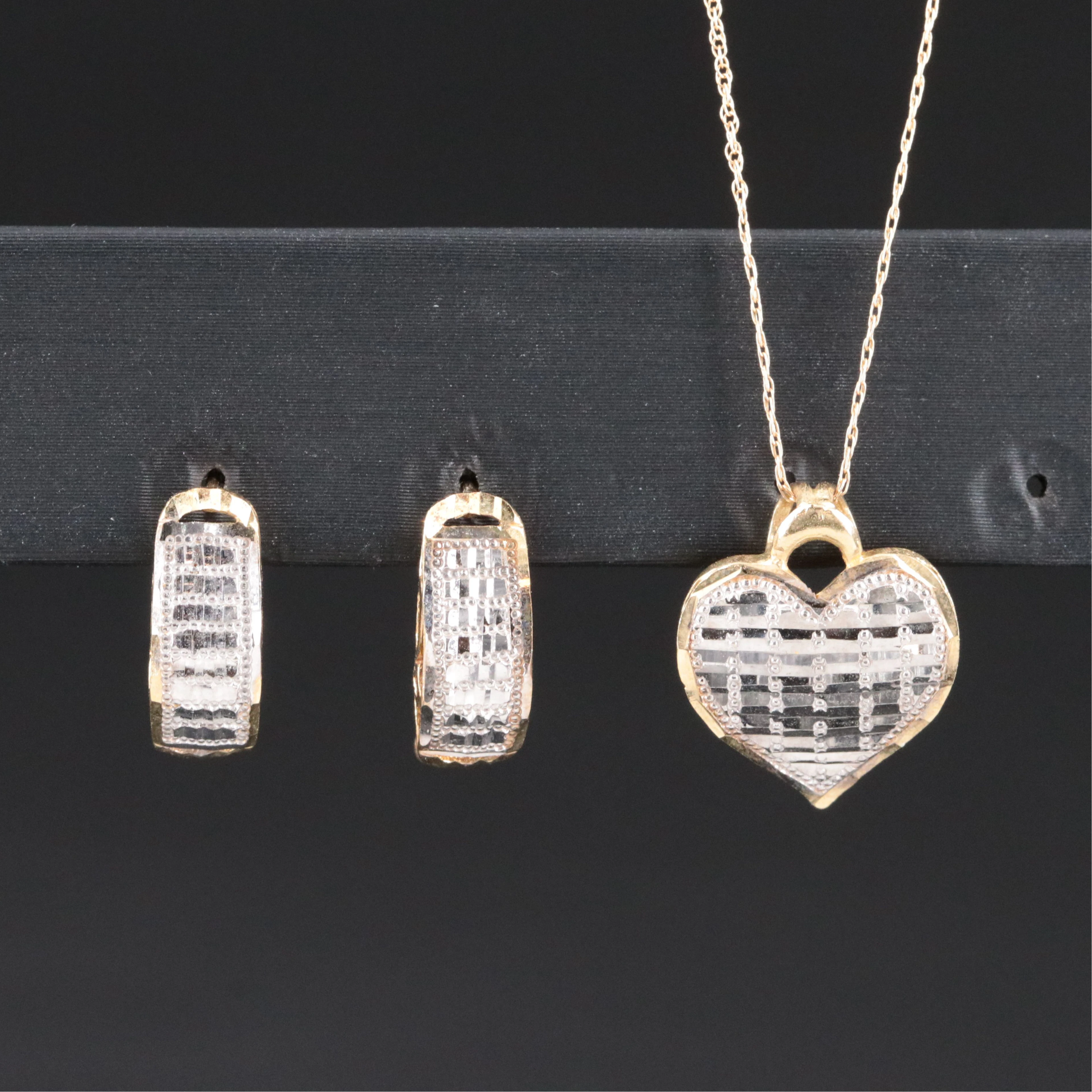 10K Two-Tone Pendant Necklace & J Hoops